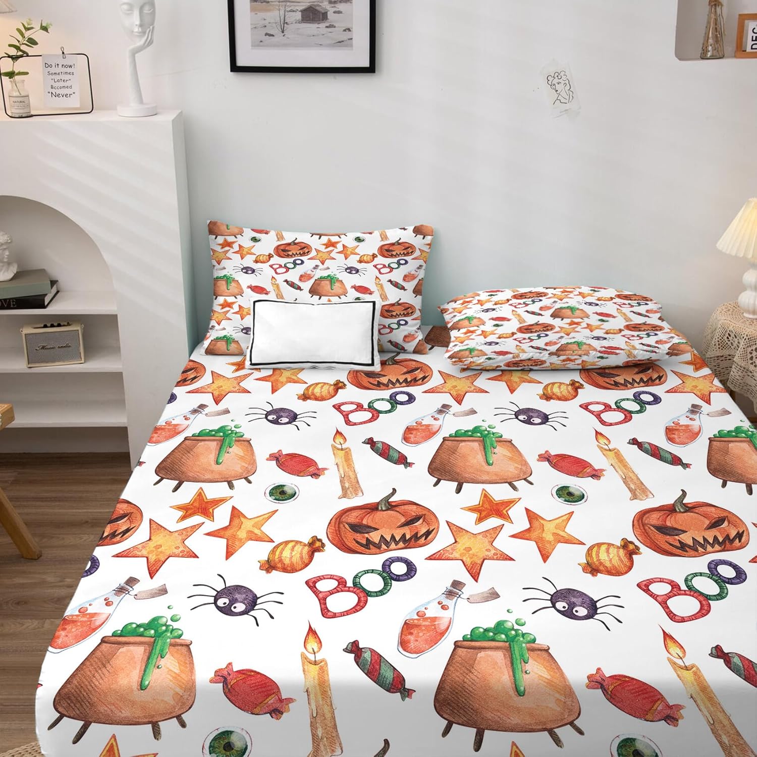 Juego de sábanas de Halloween tamaño Queen, sábanas de calabaza, sábanas y fundas de almohada estampadas de 4 piezas, sábana bajera ajustable de