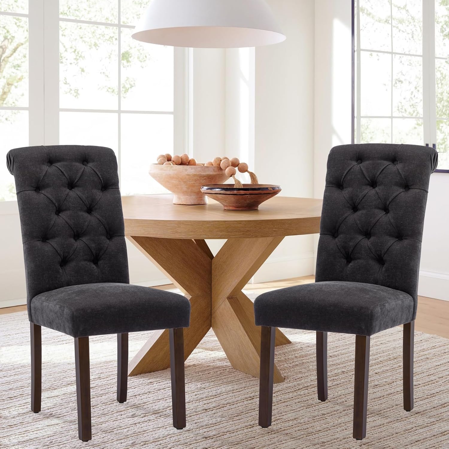 COLAMY Juego de 2 sillas de comedor copetudas, sillas de comedor Parsons tapizadas de tela, sillas auxiliares elegantes con patas de madera maciza y