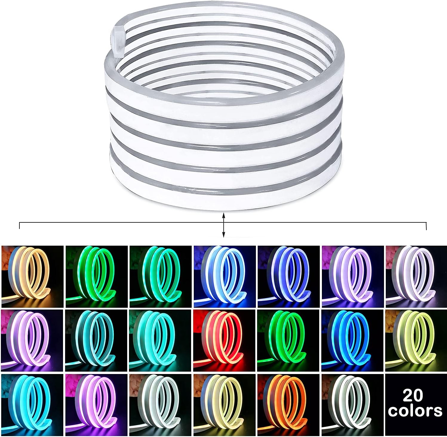 -Tira de luces LED de neón, 16.4 pies16.4ft 600 SMD2835 LED, impermeable, flexible, luz de neón con control remoto regulable y fuente de