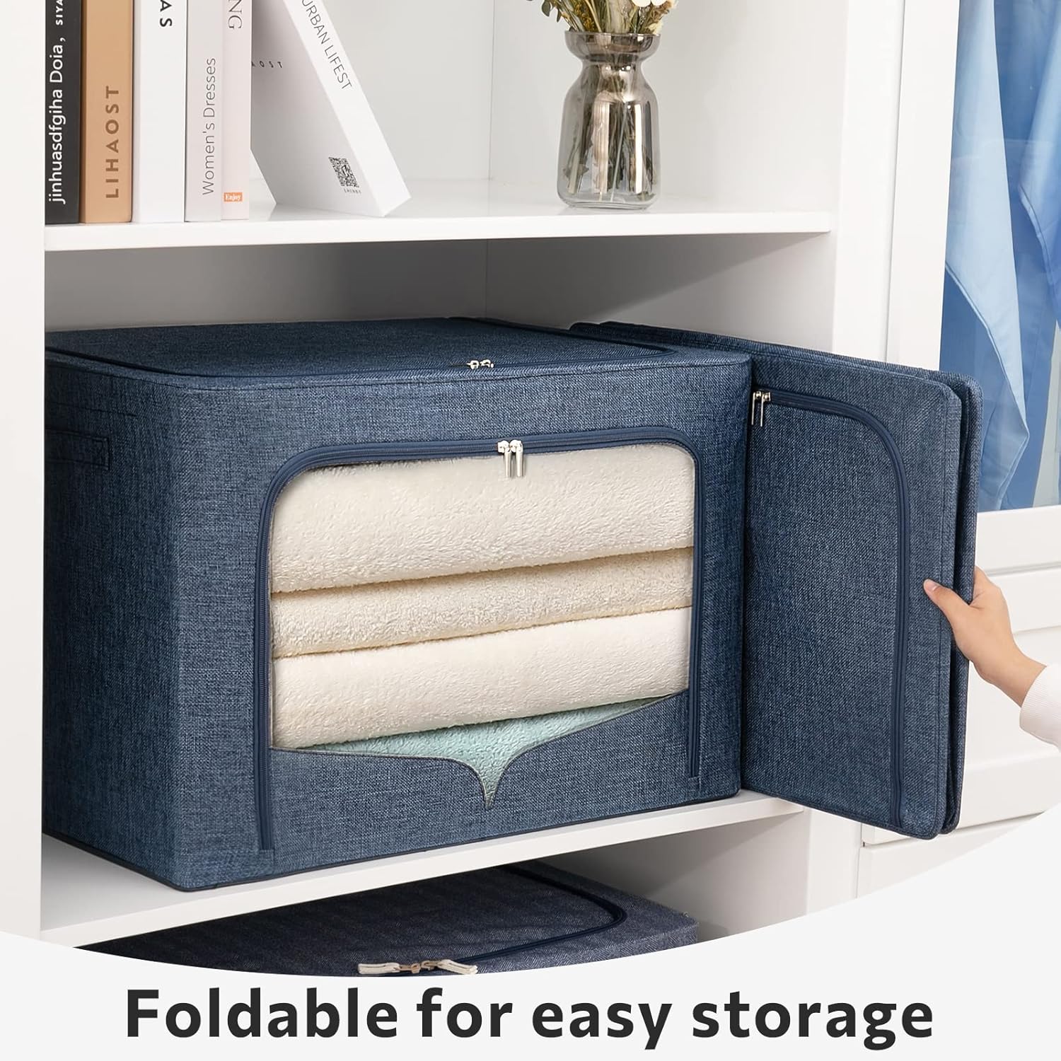 Paquete de 3 contenedores de almacenamiento de ropa, caja de almacenamiento plegable grande con marco de metal, organizador apilable de tela de lino