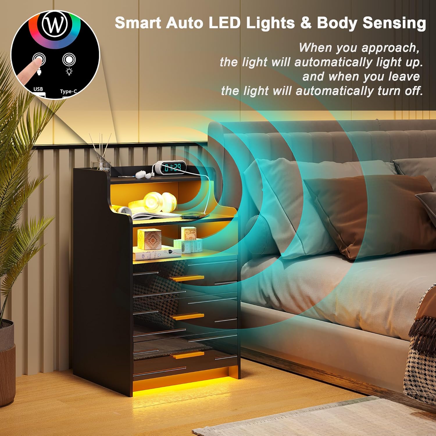 HNEBC Mesita de noche LED RGB con estación de carga, mesita de noche negra con 3 cajones, mesita de noche inteligente con puertos de carga