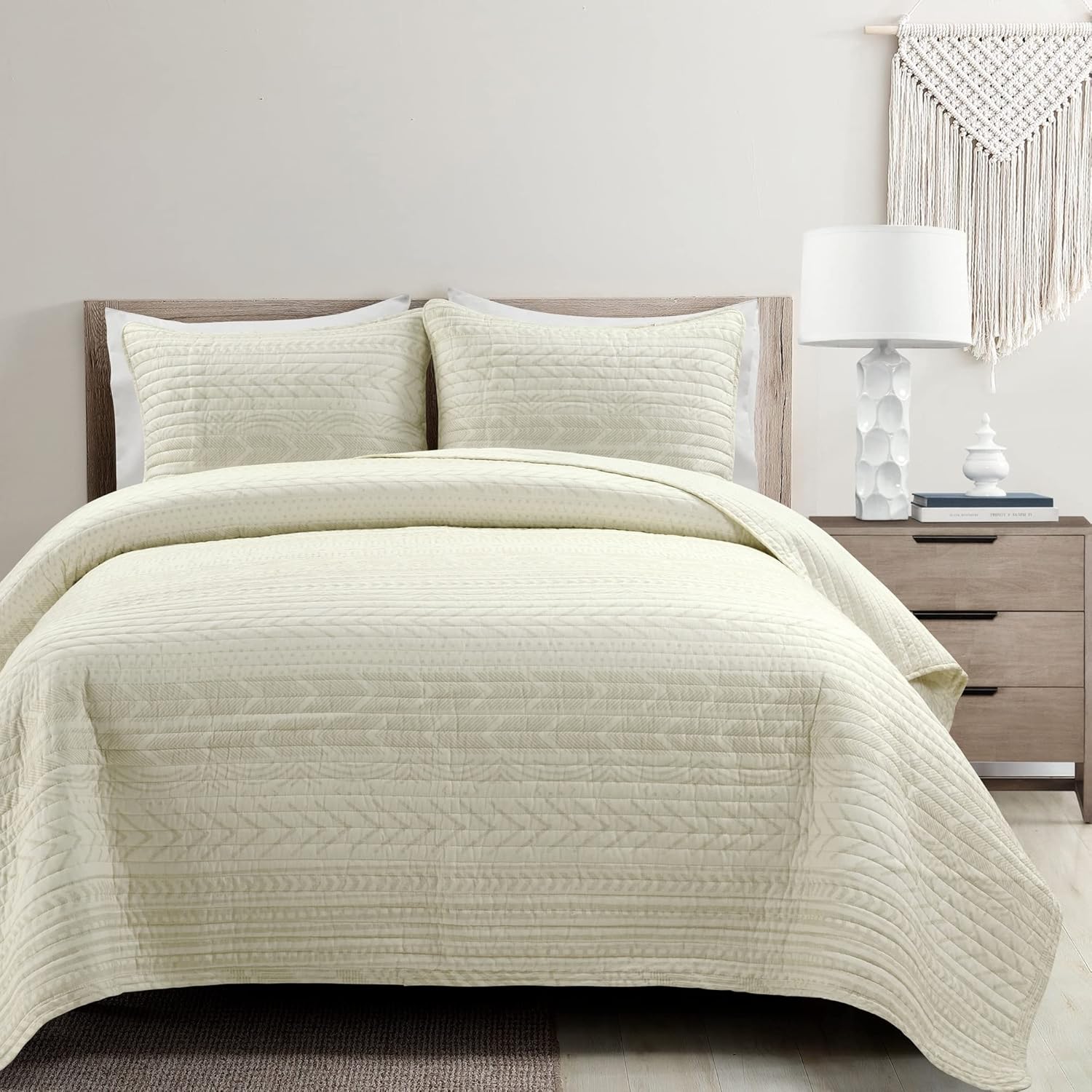 Lush Decor Hygge – Juego de ropa de cama de 3 piezas con diseño a rayas, tamaño matrimonialqueen, marfil