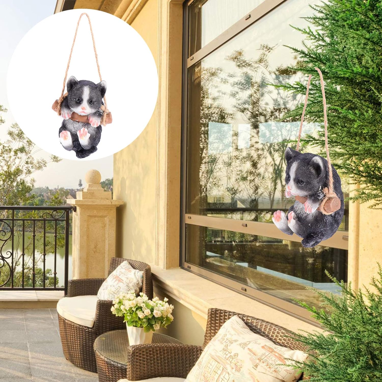 GANAZONO Decoración del hogar Adornos de regalo de resina Swing Cat Garden Estatua de paisaje al aire libre Decoración colgante Estatua de animal