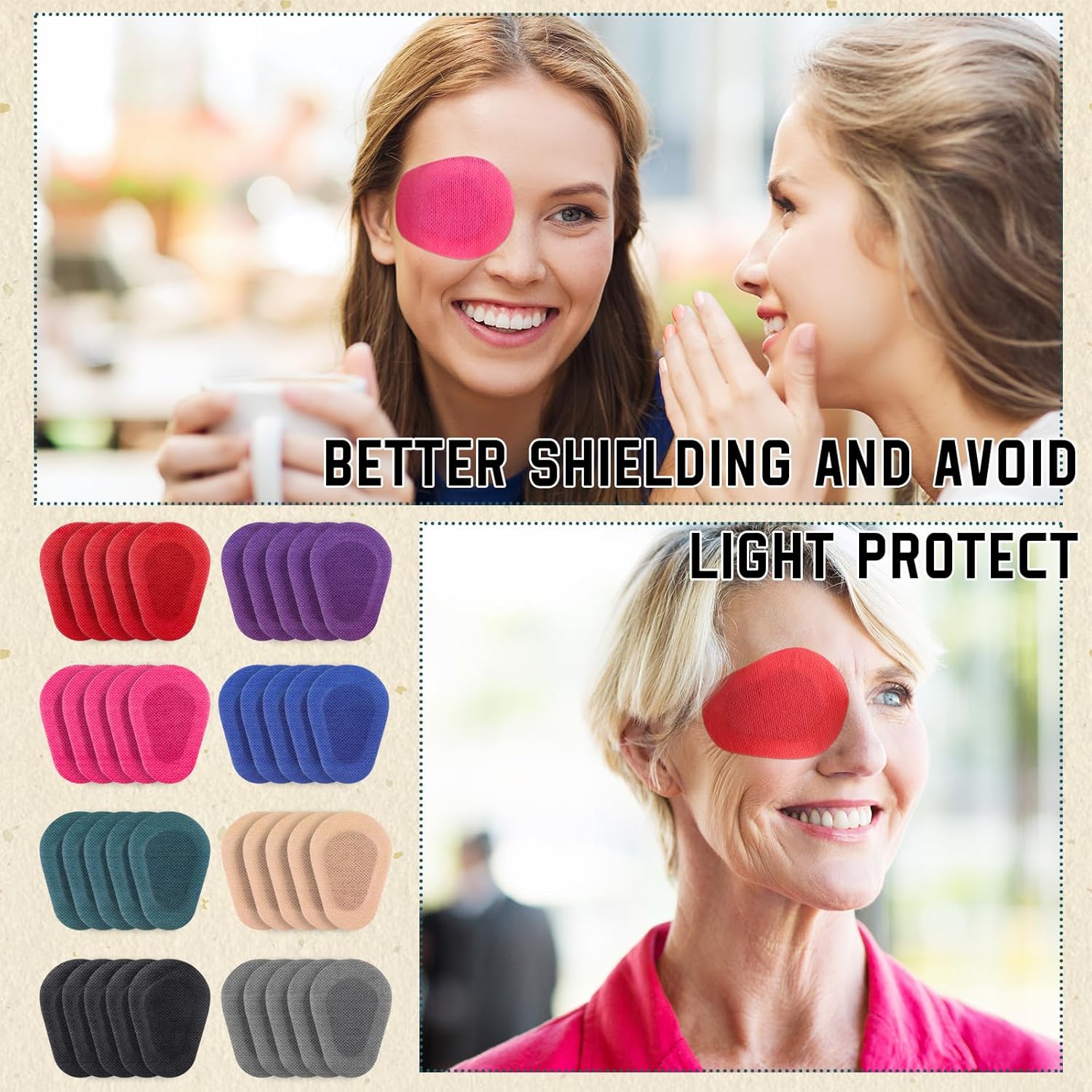 80 parches adhesivos para los ojos, almohadillas desechables para adultos, vendajes adhesivos sin látex (3.3 x 2.3 pulgadas, colores mixtos)