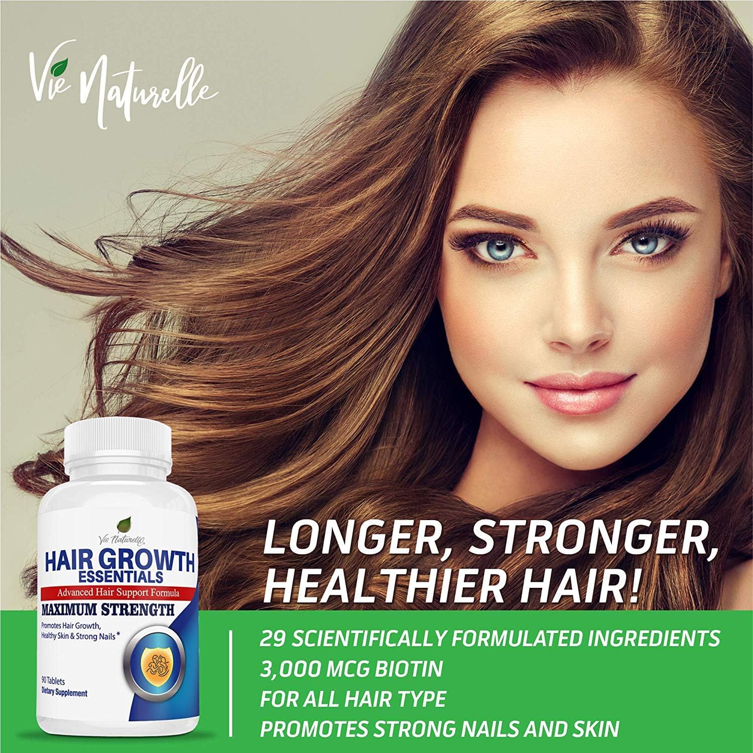 Suplemento Hair Growth Essentials para caída del cabello, tratamiento avanzado para crecimiento del cabello con 29 vitaminas fuertes y nutrientes