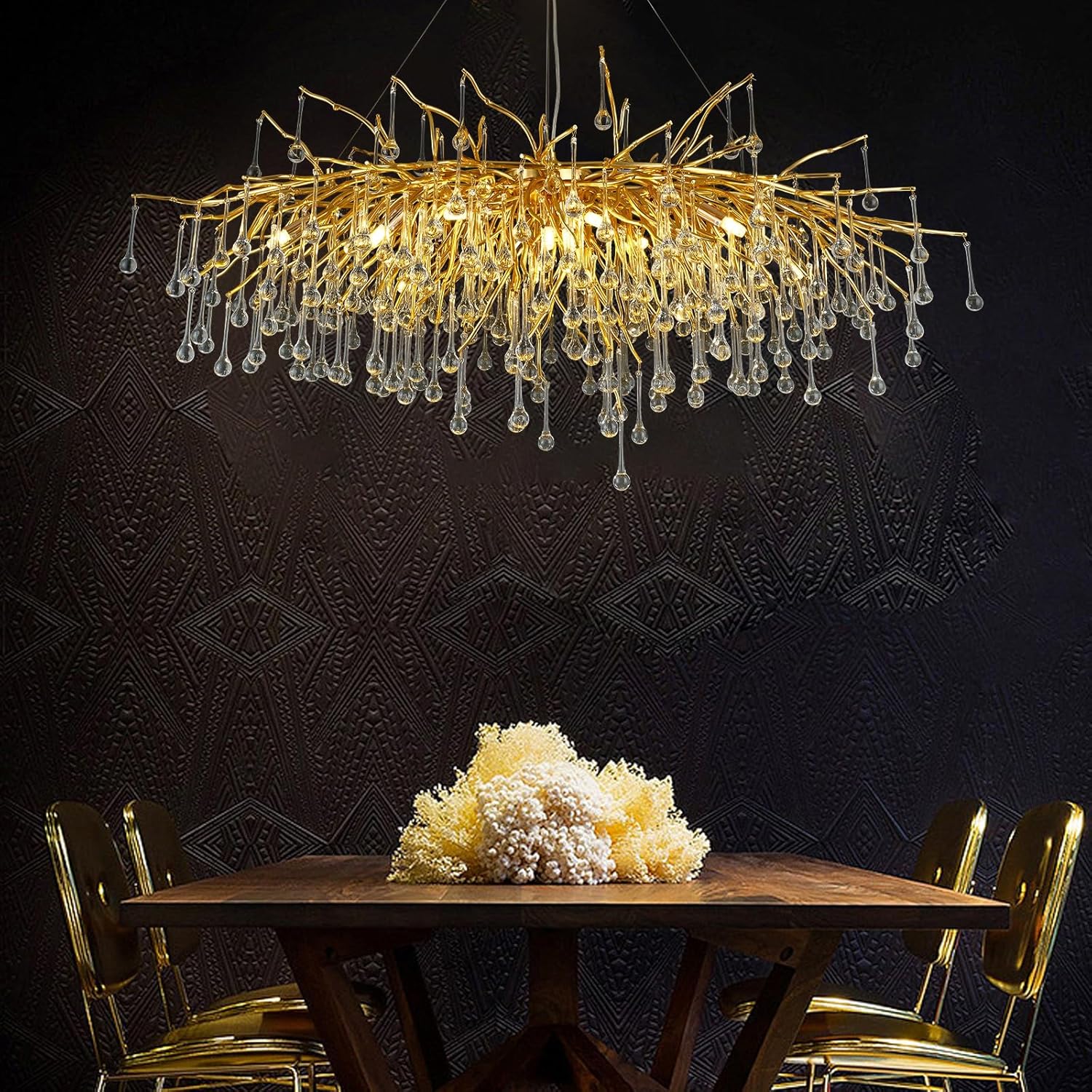Candelabro de cristal dorado, lámpara de rama de árbol de 47 pulgadas, lámpara rectangular para comedor, lámpara sobre mesa, gota de lluvia, lámpara