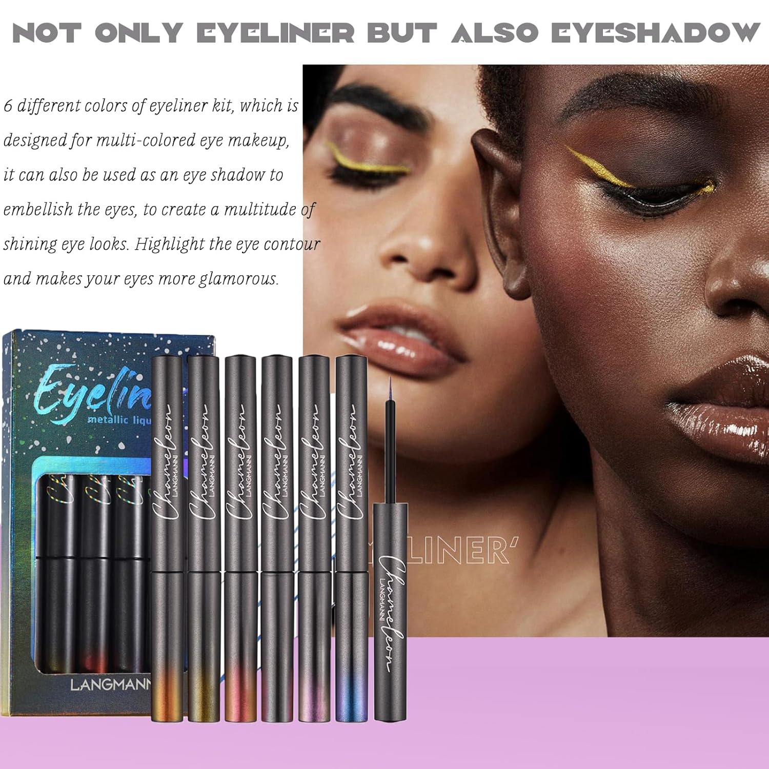 Juego de delineador líquido de 6 colores, 6 colores con acabado metálico, 6 sombras de ojos con acabado metálico, secado rápido, impermeable, alta