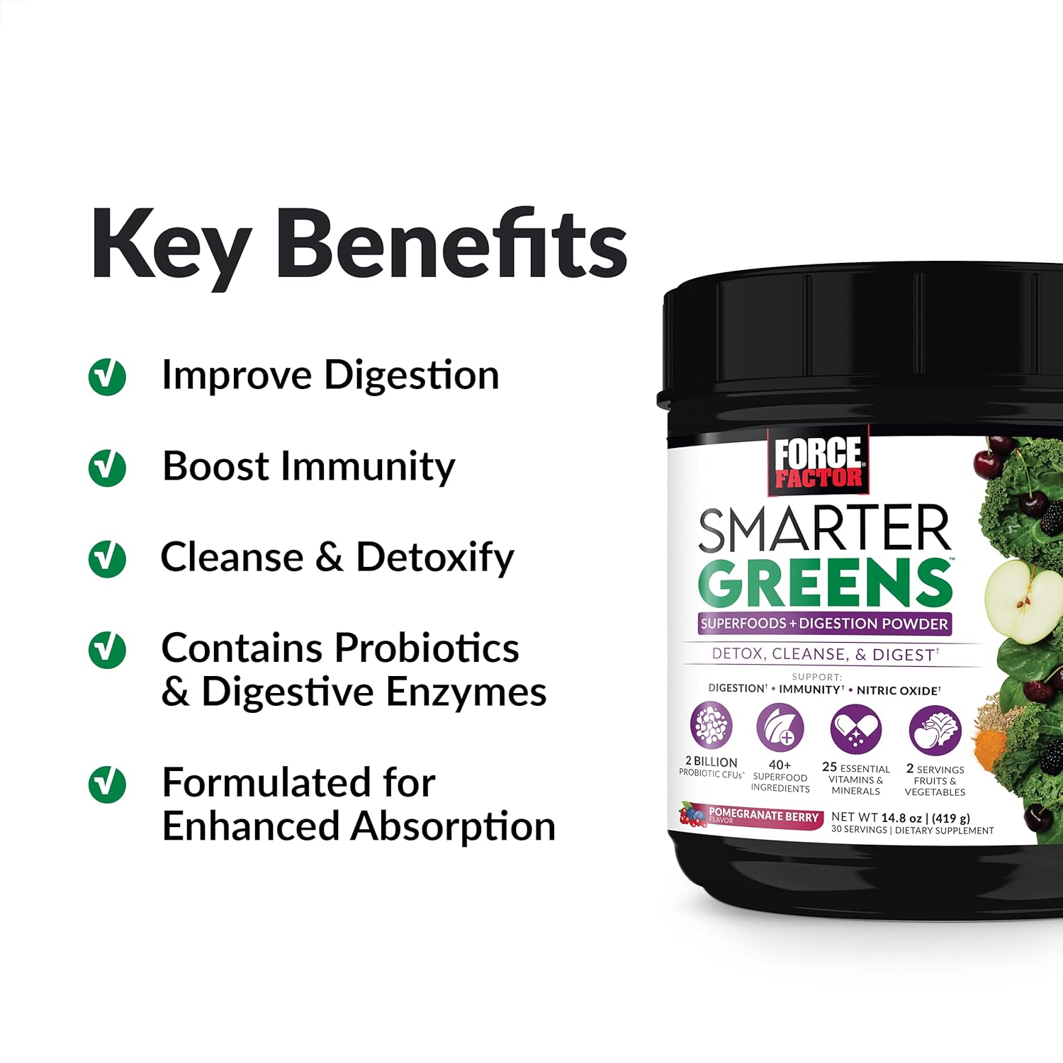 Force Factor Smarter Greens Superfoods + polvo de digestión, paquete de 2, polvo verde con 2 mil millones de probióticos, enzimas digestivas y