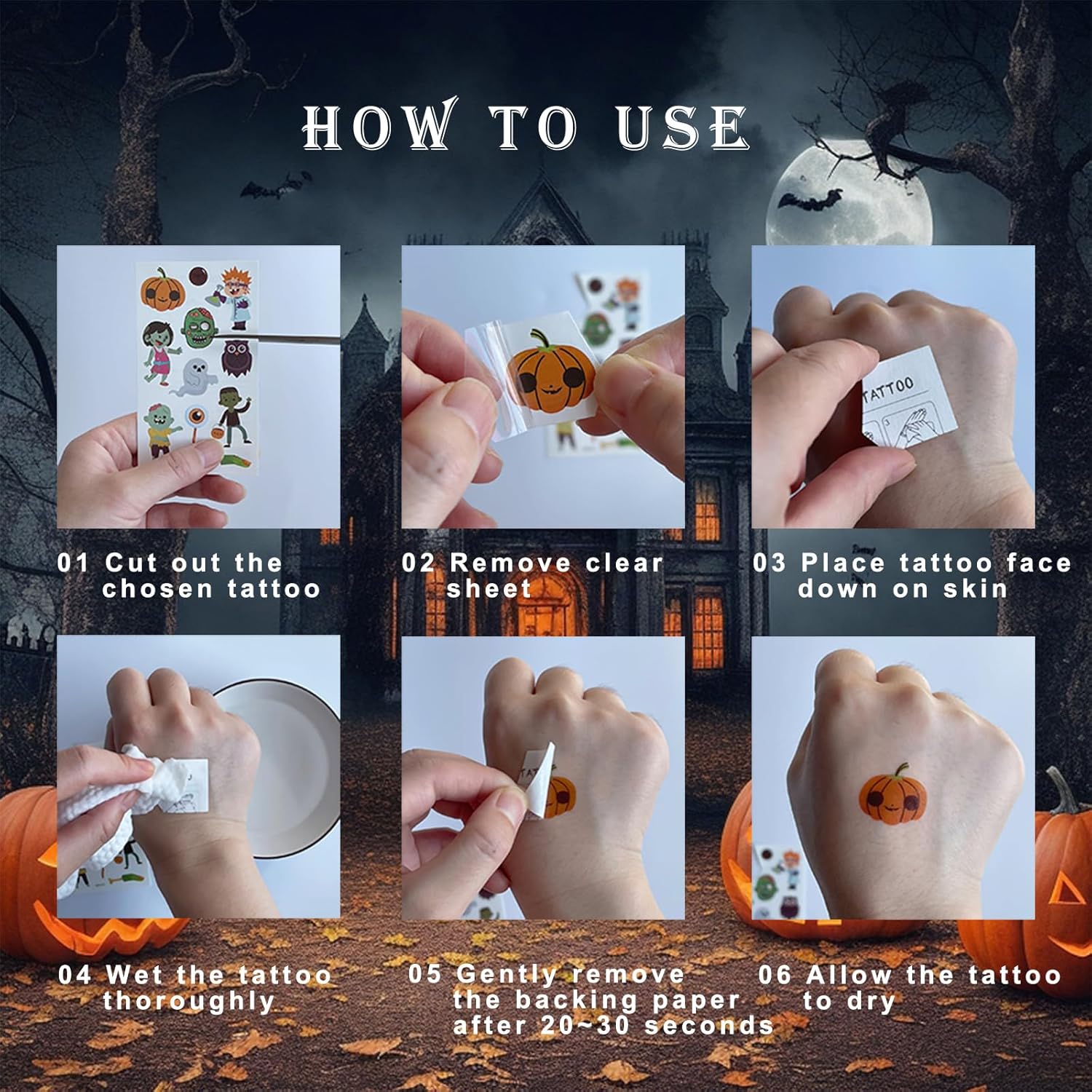 300+ Mixed Styles Temporary Tattoos for Halloween Fun – Both Cute and Scary Patterns – Pumpkin Sugar Spider Scar Skeleton Zombie & More Designs for