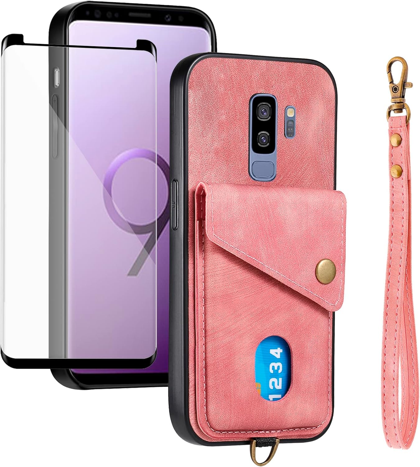 Asuwish Funda de teléfono para Samsung Galaxy S9 Plus con protector de pantalla de vidrio templado y correa para la muñeca, soporte para tarjeta de