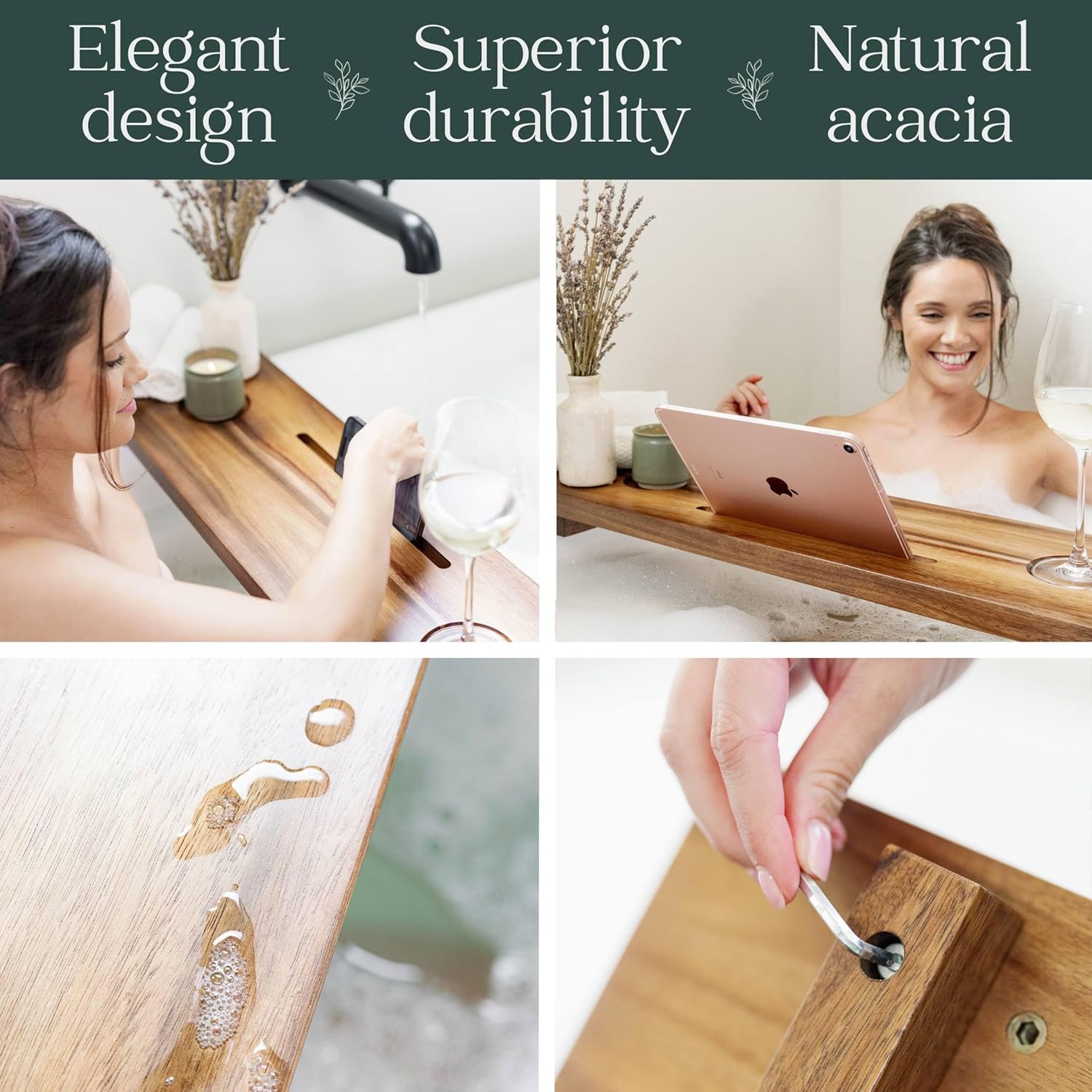 Nature Shed Mesa de bañera de alta calidad  Madera de acacia maciza, bandeja de baño grande para bañera  Bandeja de bañera no tóxica, anti-vuelco y