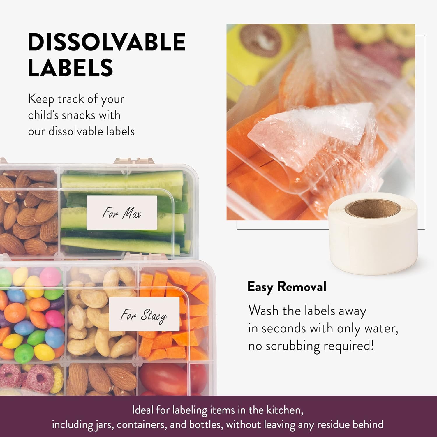 Juego de cajas de aperitivos para niños, 8 compartimentos, solución reutilizable para aperitivos con 100 etiquetas solubles, fácil de limpiar, apto