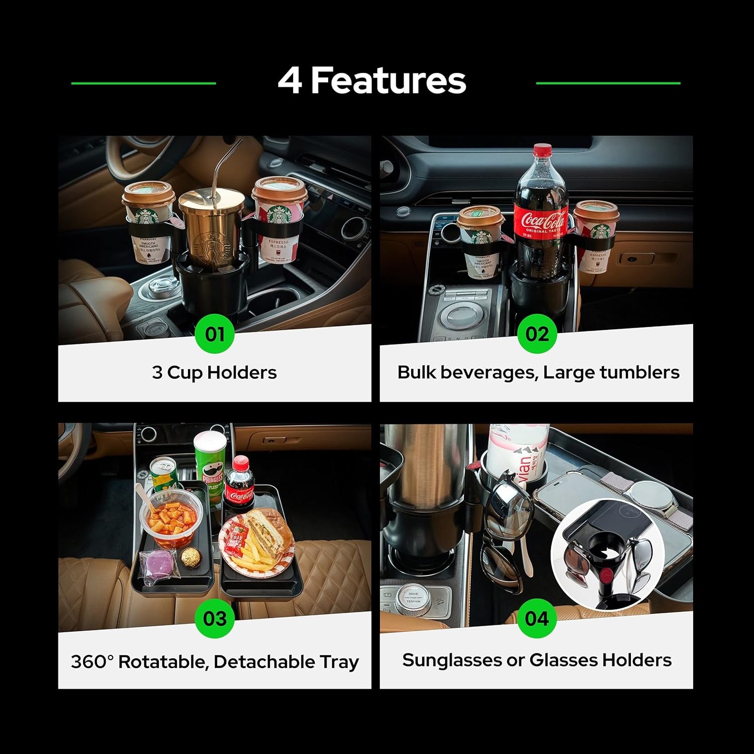 Bandeja expansora triple para portavasos de automóvil con base ajustable y botellas grandes y vaso