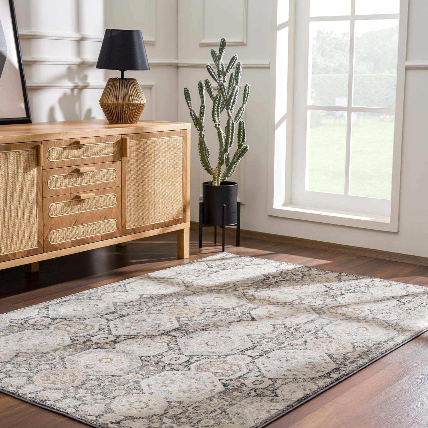 Hauteloom Minoa – Alfombra tradicional para sala de estar, dormitorio, color beige, negro, carbón, 8 pies 10 pulgadas x 12 pies