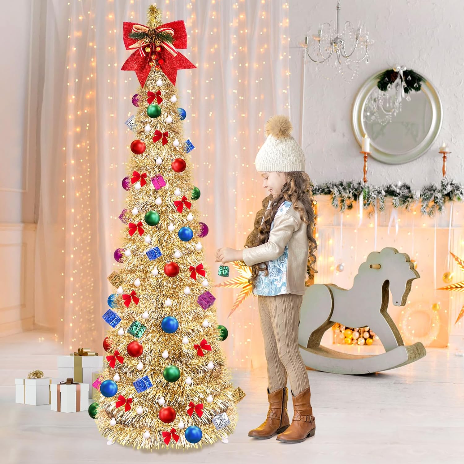 Árbol de Navidad desplegable, árbol de Navidad plegable de 5 pies con 30 luces LED multicolor, árbol de Navidad con bola de lazo, caja de regalo
