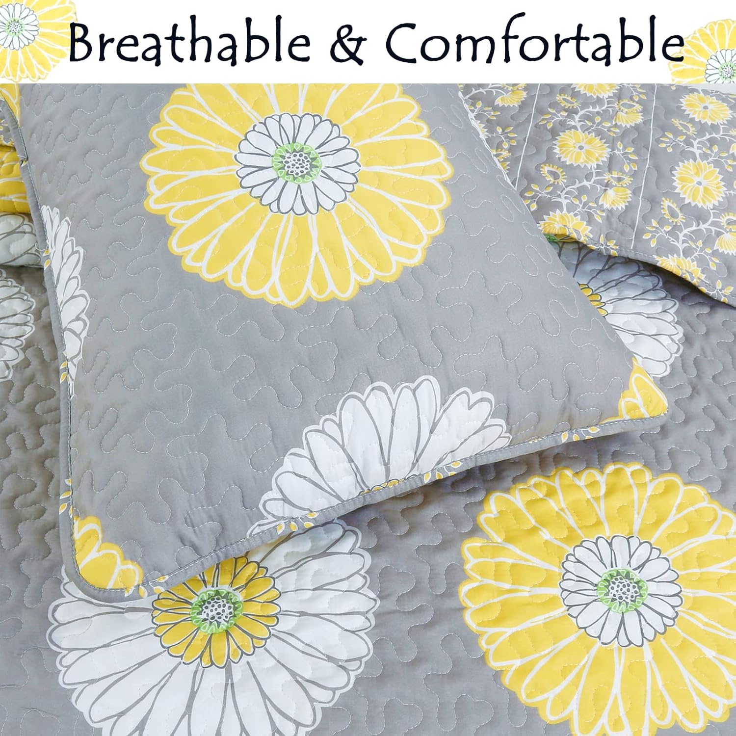 Cozy Line Home Fashions Juego de ropa de cama reversible reversible con diseño floral de margaritas, blanco, gris, amarillo, blanco, gris, colcha