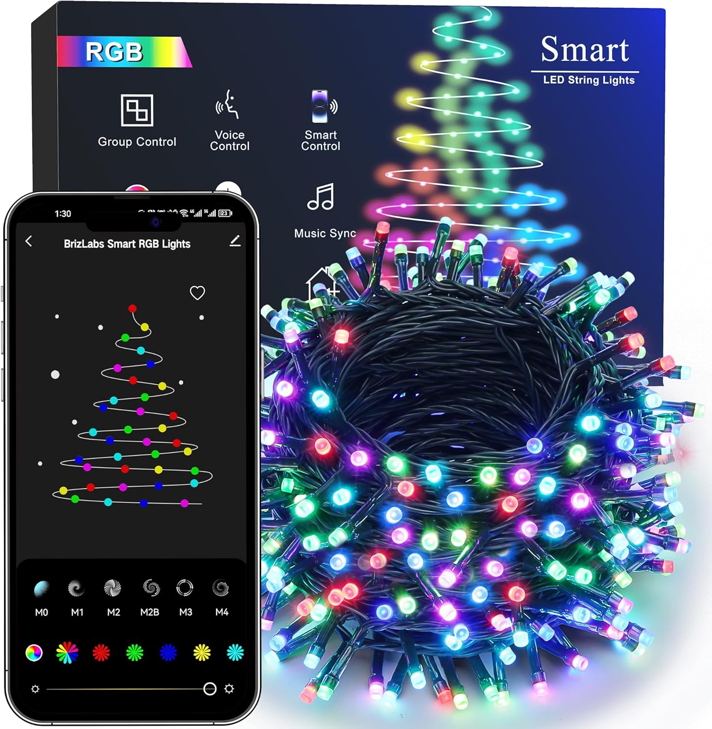 Brizled Luces de Navidad RGB, 164 pies, 498 luces LED inteligentes controladas por aplicación, luces de Navidad que cambian de color regulables,