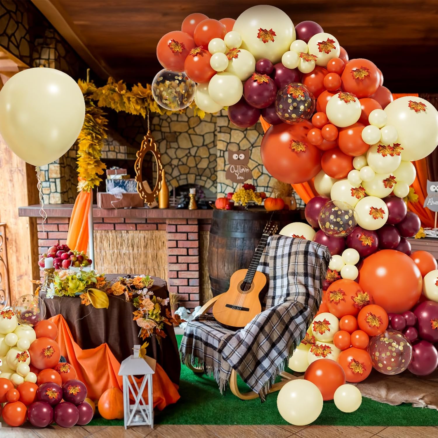 Bonropin Kit de guirnalda de arco de globos de otoño de 193 piezas con globos de confeti amarillo pastel, naranja, borgoña, dorado, hojas de arce