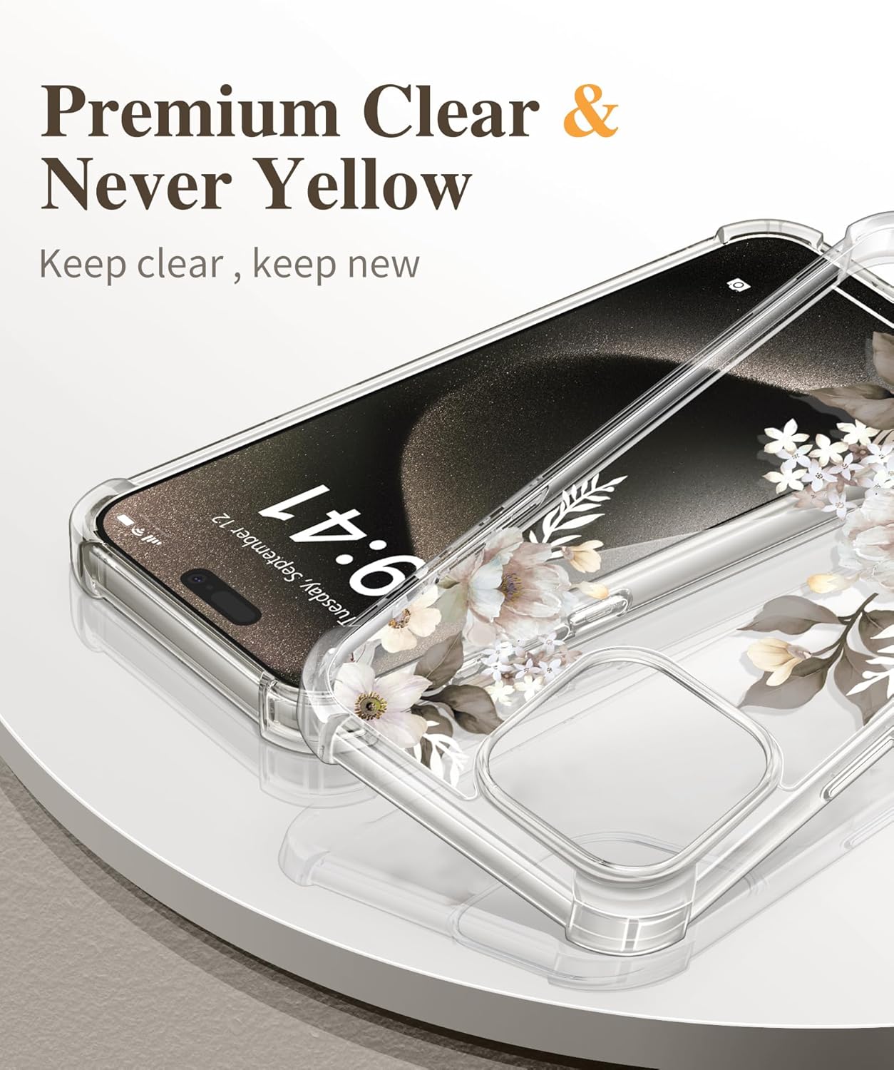 GVIEWIN Funda para iPhone 15 Pro Max floral, con protector de pantalla y protector de lente de cámara, PC duro + TPU parachoques a prueba de golpes,