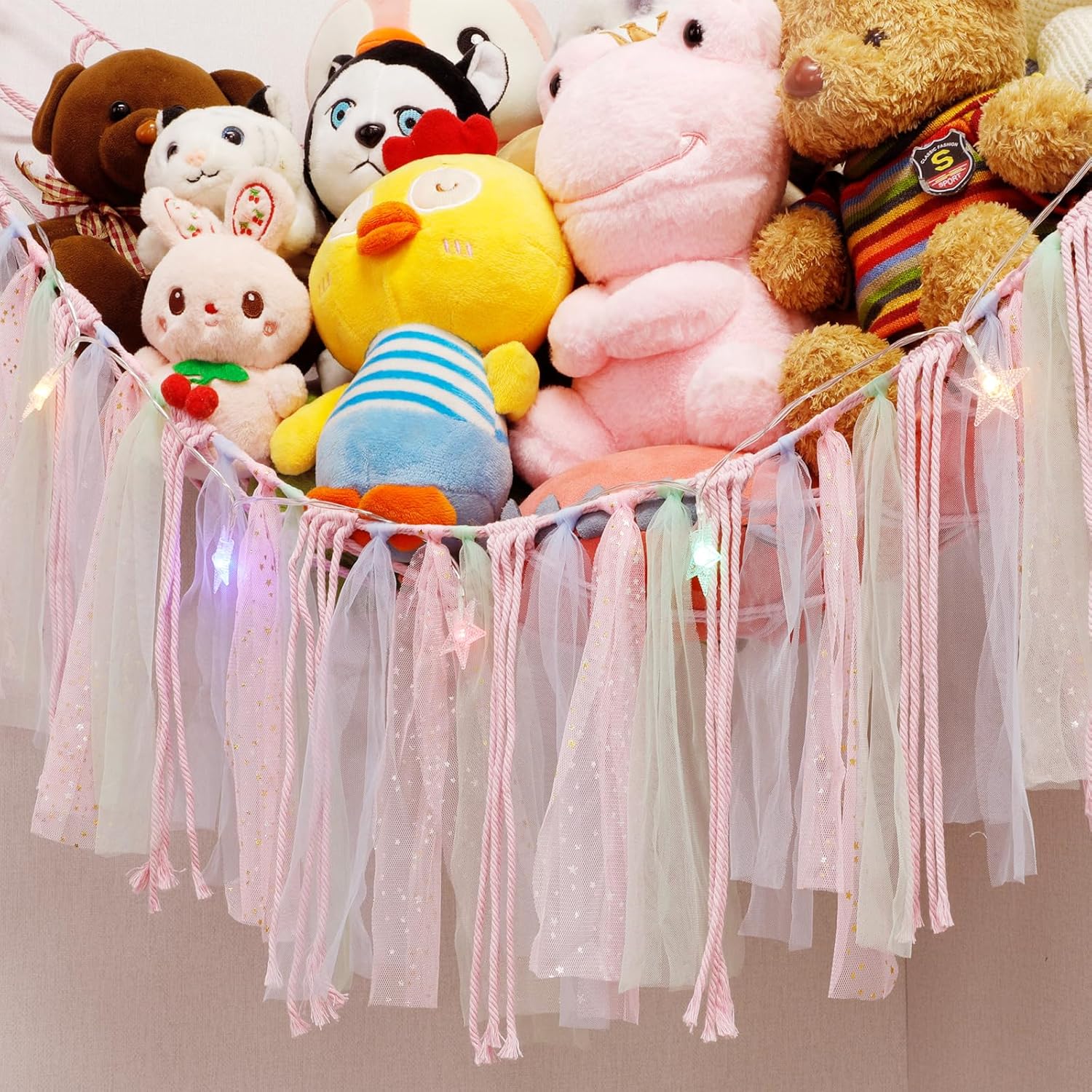 YELIENM Red de animales de peluche o hamaca con luz LED, red de hamaca de juguete de 59 pulgadas para animales de peluche, para colgar en la
