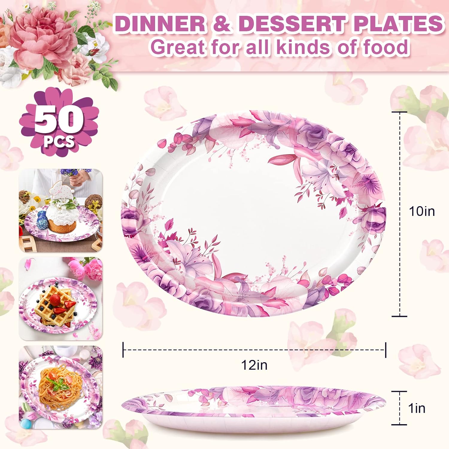 50 platos de papel para el Día de la Madre, suministros de fiesta de té floral de primavera, 12 x 10 pulgadas, platos desechables ovalados para