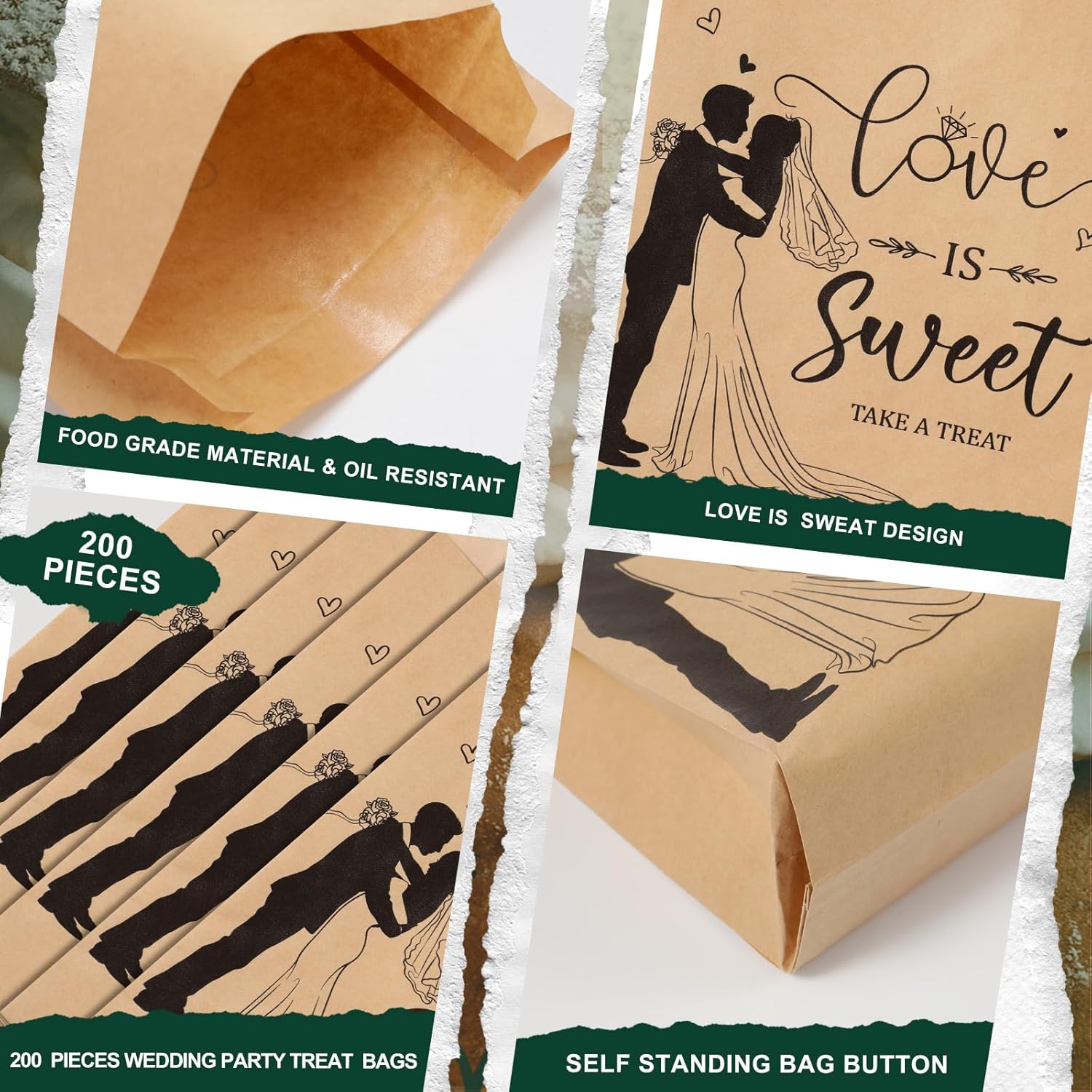 200 bolsas de regalo de boda a granel de papel kraft a prueba de aceite para fiestas, bolsas de galletas Love Is Sweet Take a Treat para bodas,