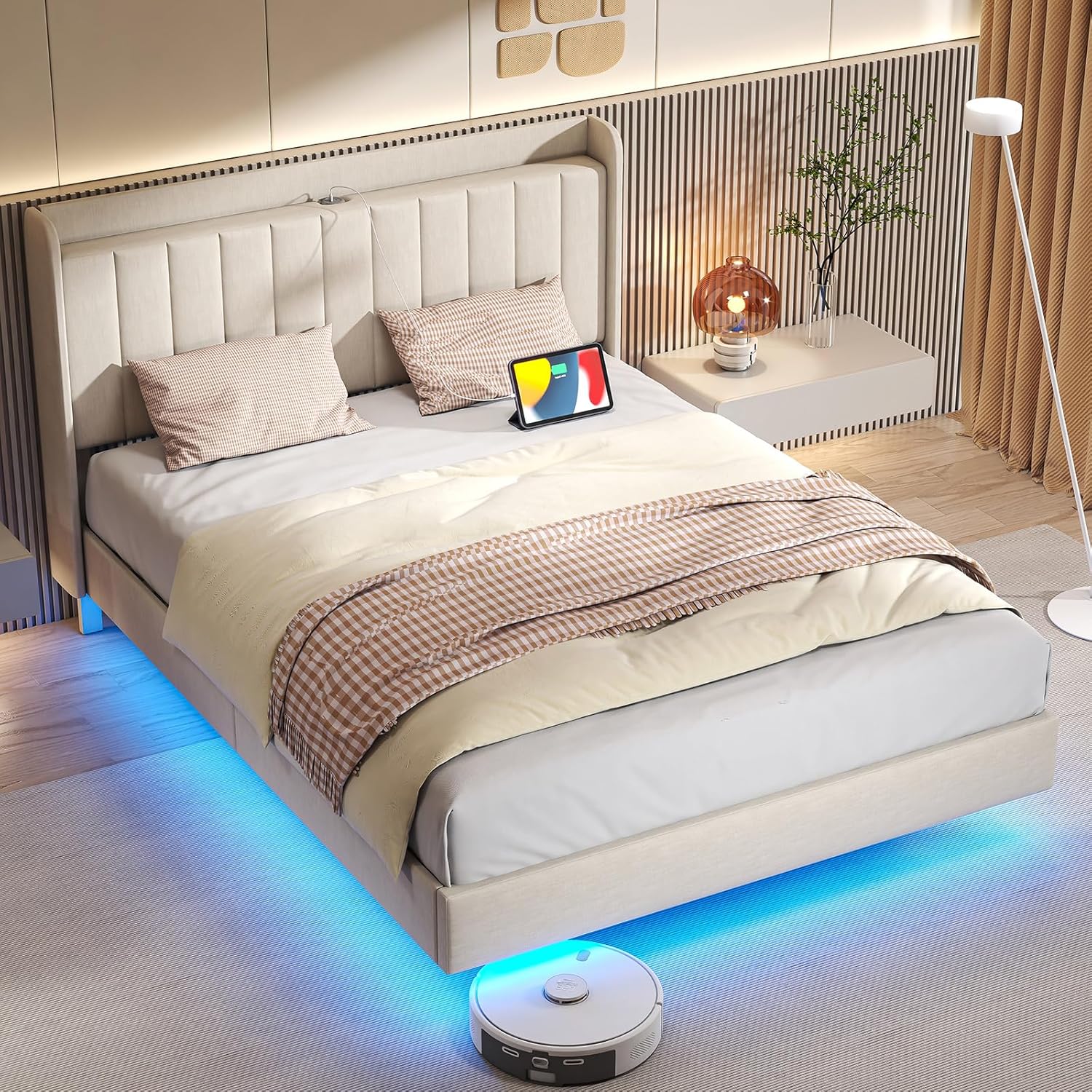 Saudism Marco de cama tapizado tamaño Queen, marco de cama flotante con cabecera de almacenamiento con respaldo de ala, puertos tipo C y USB, luces