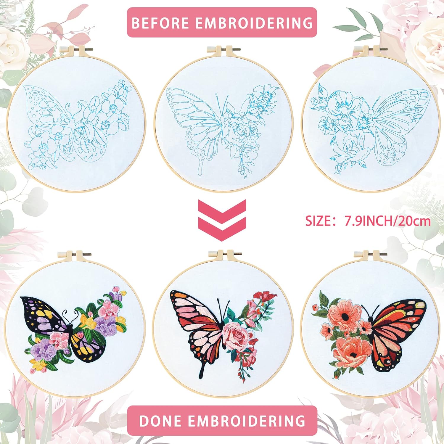 Yinder 5 juegos de bordado para principiantes con patrones de flores de mariposa e instrucciones (idioma español no garantizado), kits de punto de