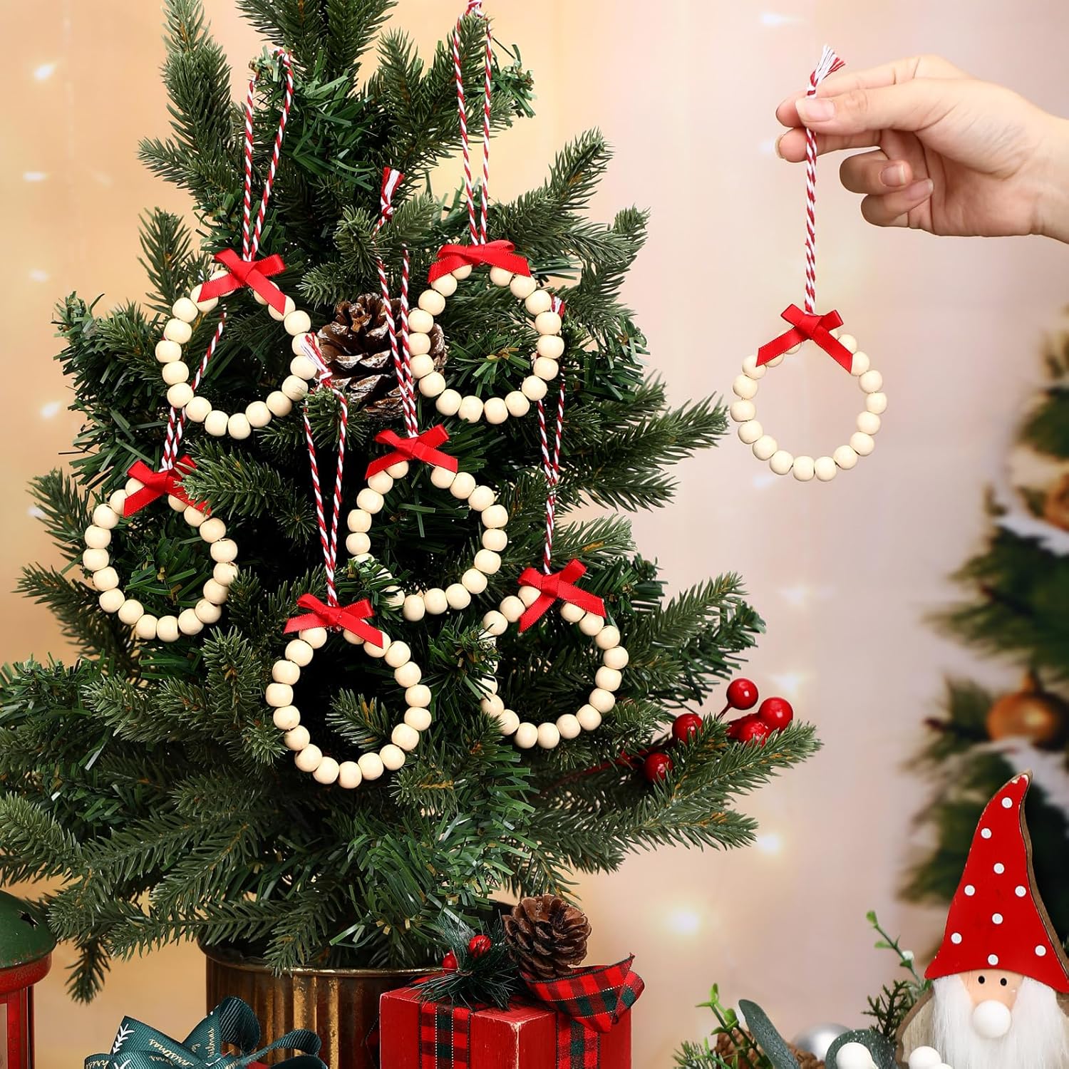 12 piezas de adornos redondos de madera para árbol de Navidad, adornos bohemios para árbol de Navidad, cuentas de madera con lazo para casa de