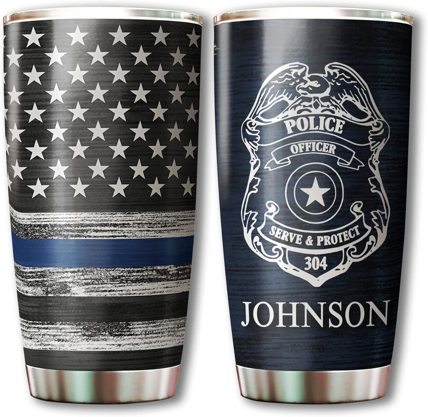 Vaso de policía personalizado con insignia de policía, regalo de oficial de policía, vaso de acero inoxidable de 20 onzas con línea azul fina y