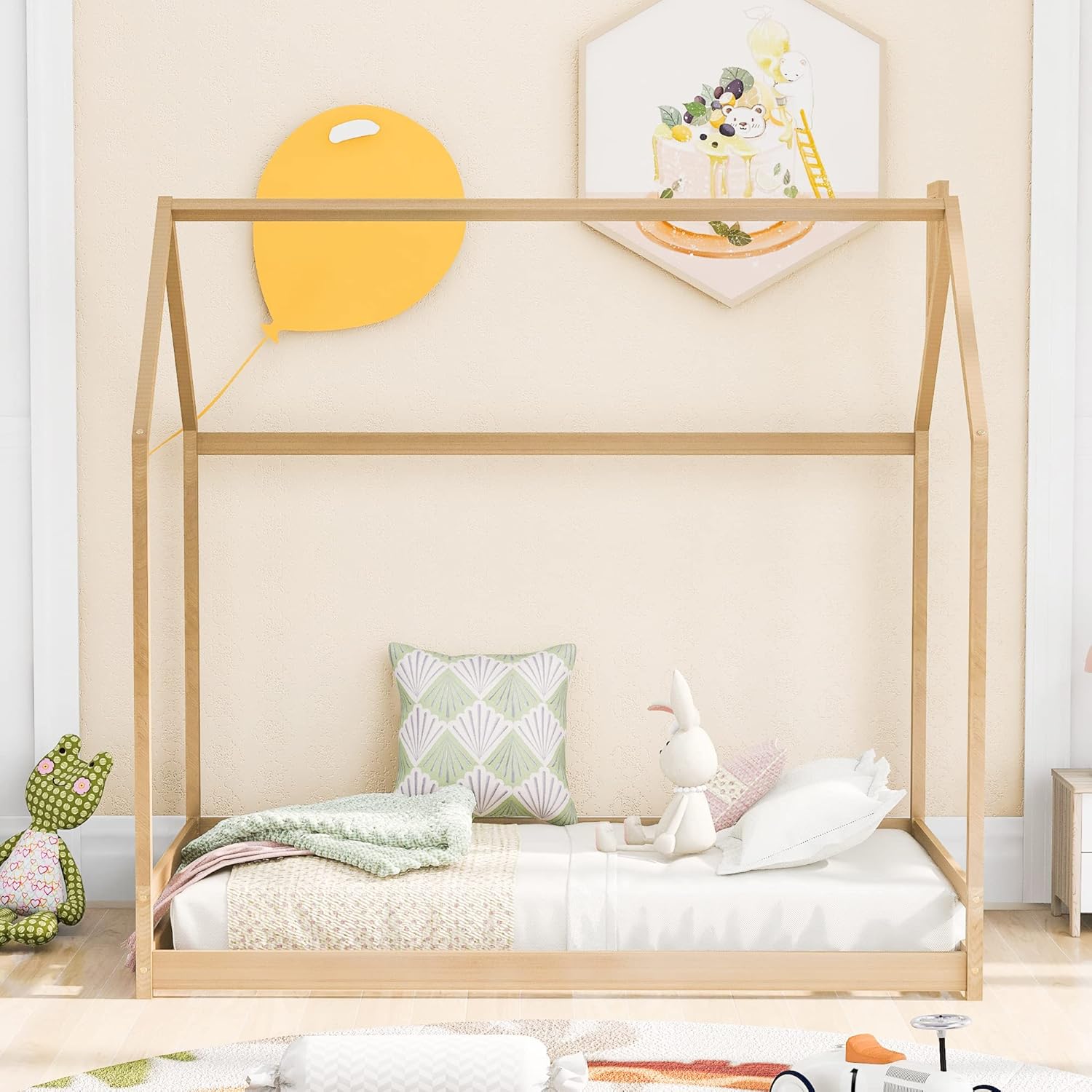 P PURLOVE Marco de cama de piso individual para niños, niñas, niños, marco de cama Montessori de tamaño individual con techo, marco de cama de