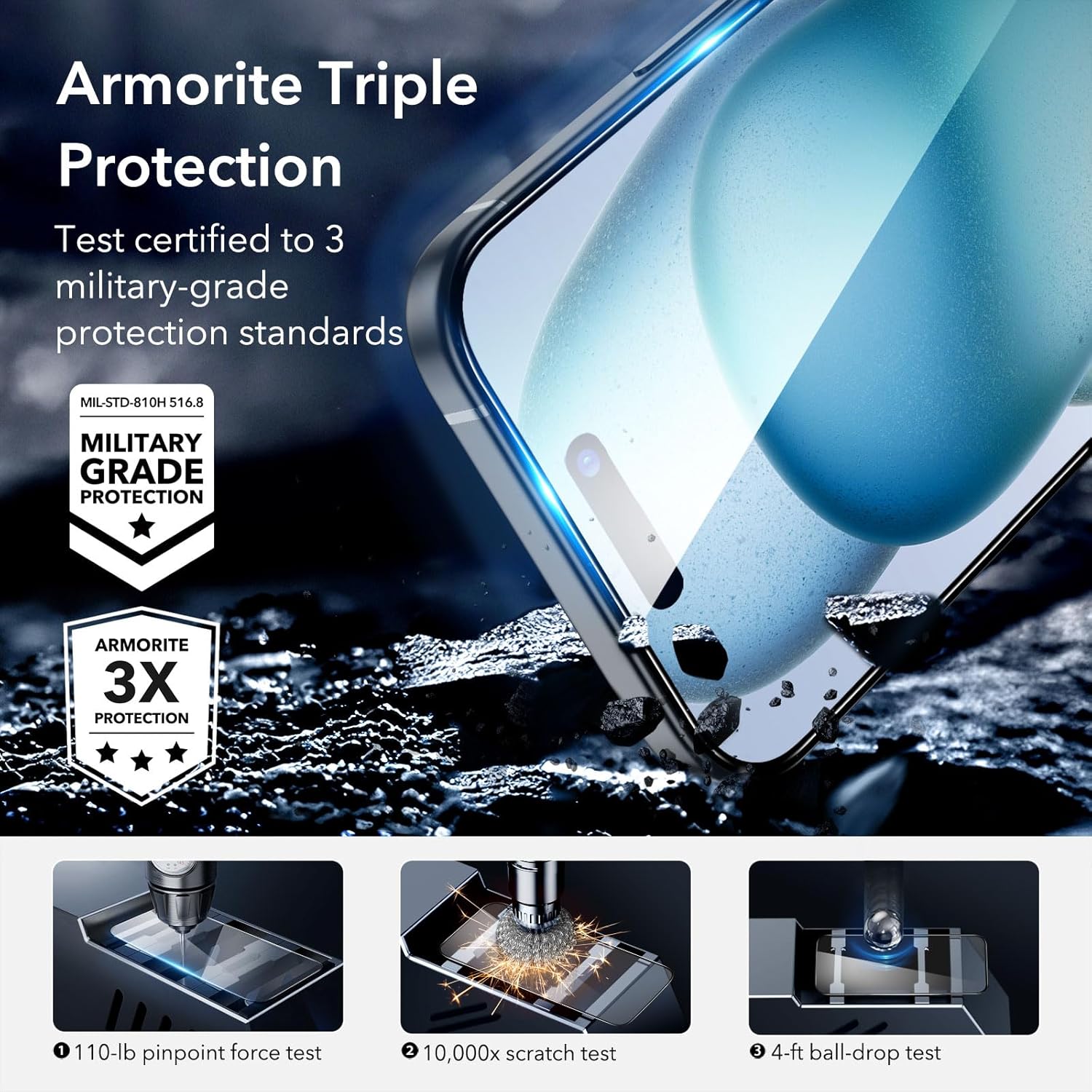 ESR Juego de 3+1 protector de pantalla Armorite para iPhone 15 Plus, vidrio templado ultra resistente, marco de fácil instalación, paquete de 3 con