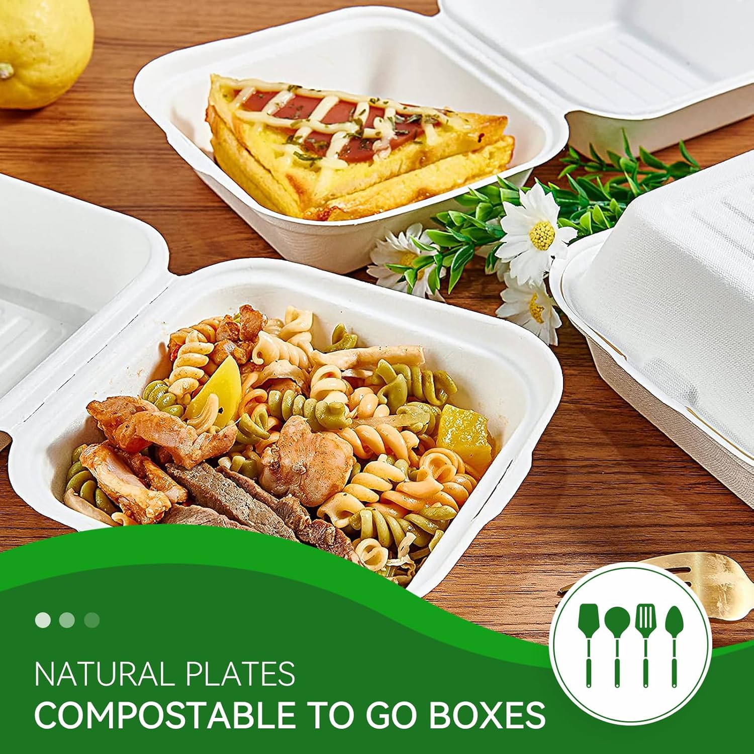 Amozife Recipientes de alimentos 100% compostables de 6 x 6 pulgadas, recipientes ecológicos de bagazo biodegradables resistentes para llevar