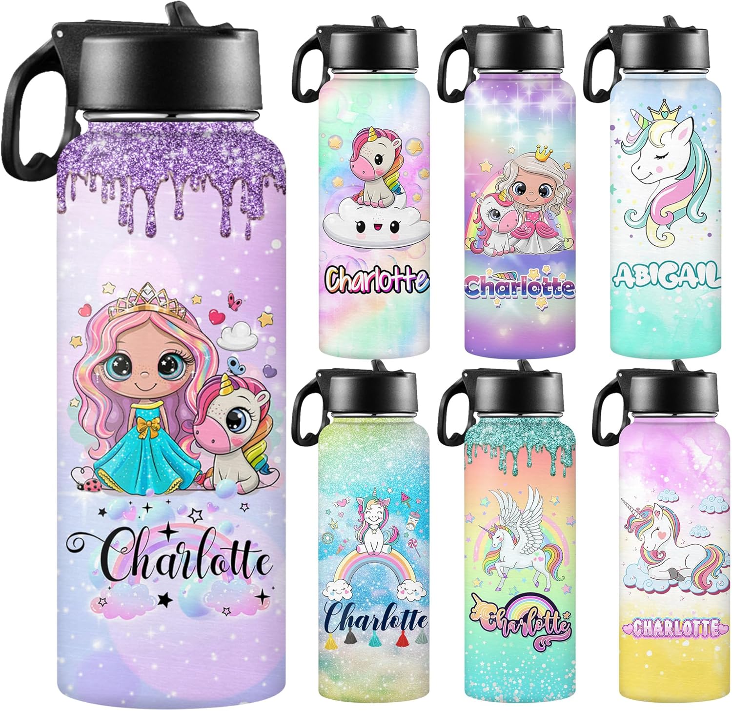 Botellas de agua personalizadas de acero inoxidable con tapa de pajilla, botella de agua de color degradado personalizada con taza de nombre para