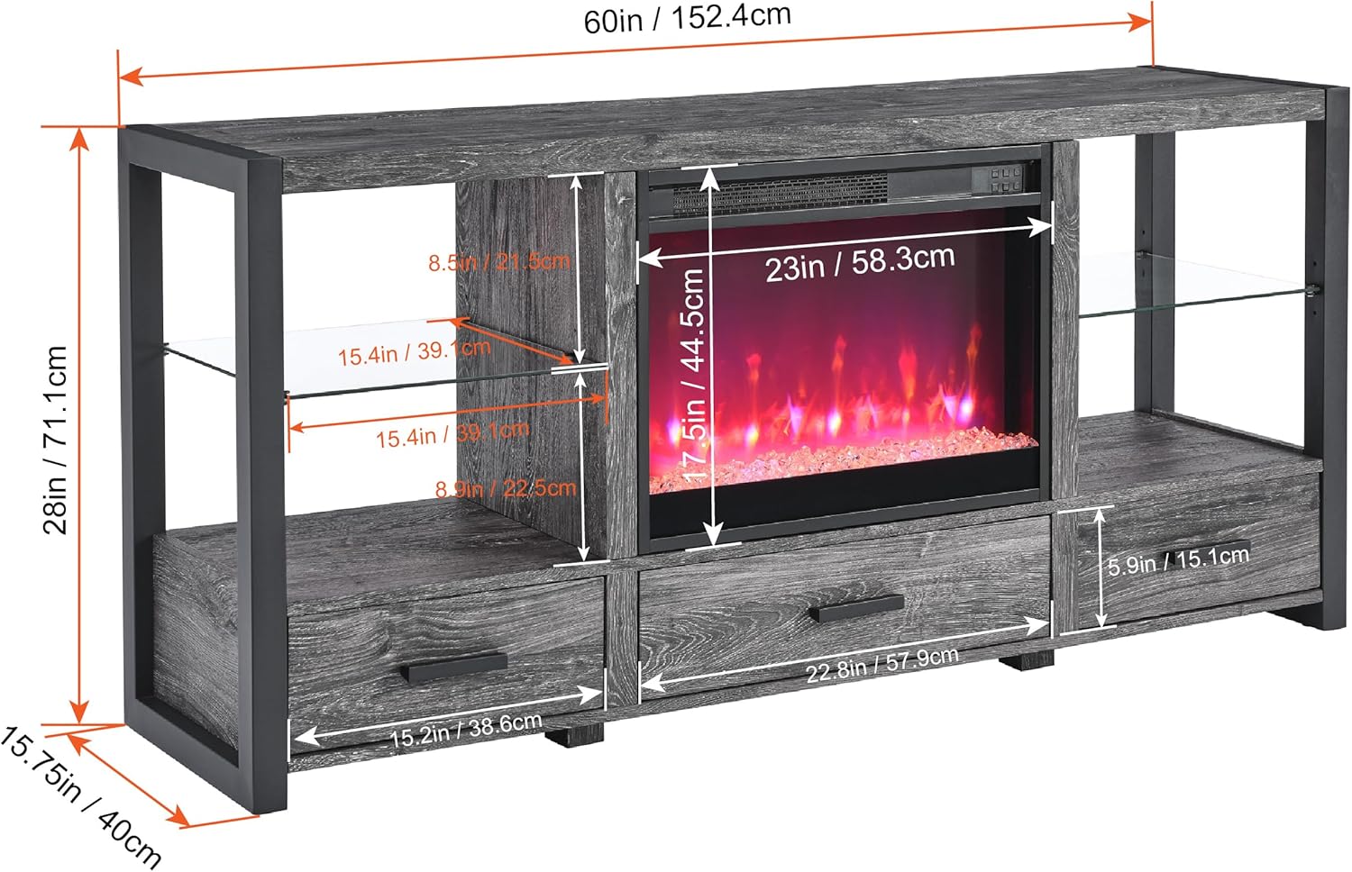 Bellemave Soporte eléctrico de TV con chimenea para televisores de hasta 70 pulgadas, centro de entretenimiento de madera con 3 cajones, consola