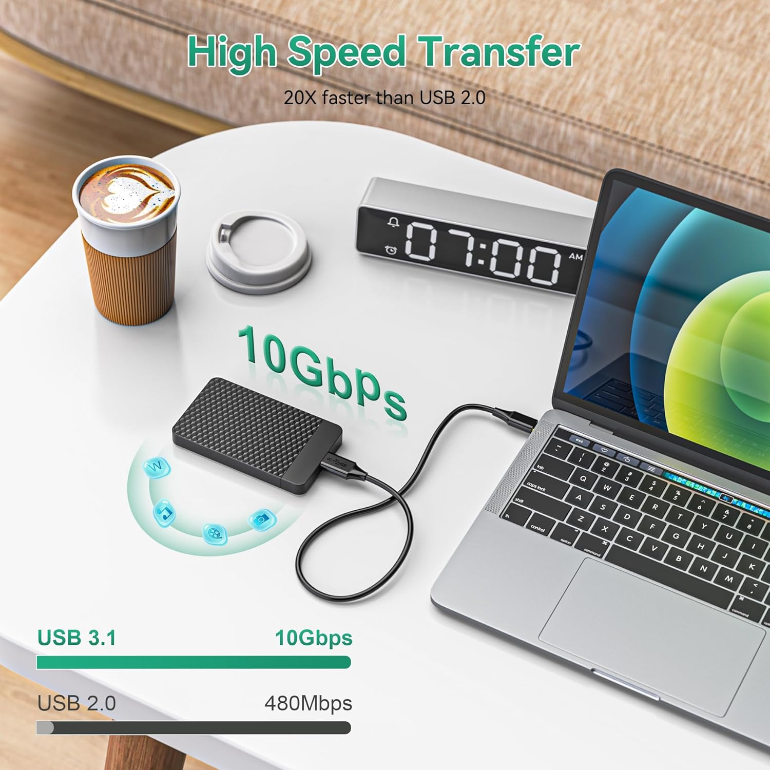 Cable de disco duro tipo C 3.1 de 3 pies (paquete de 1), cable de carga micro USB a USB C 3.1, enchufes chapados en oro, 10 Gbps de alta velocidad,