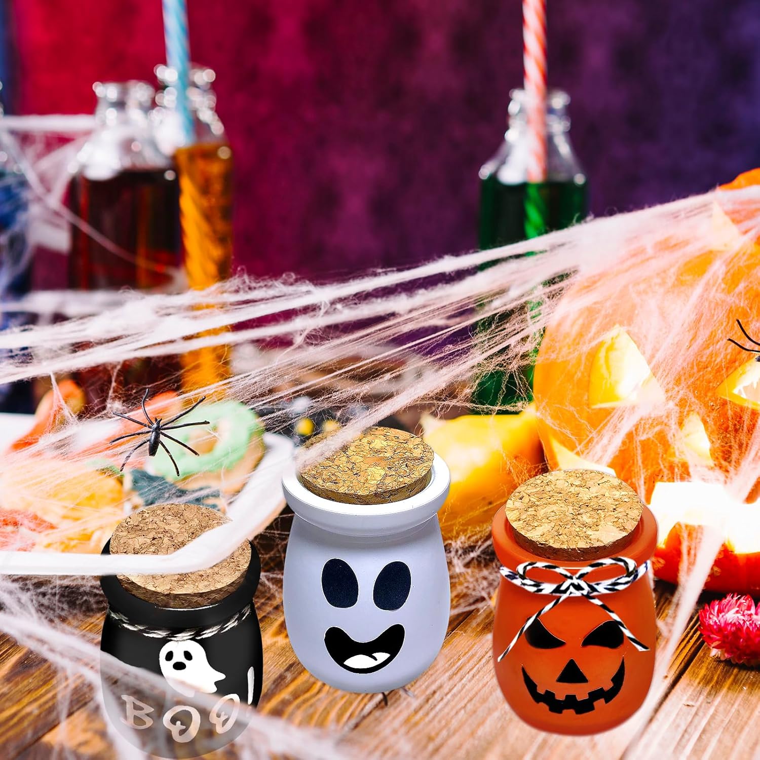 Decoraciones de Halloween para interiores, 6 botellas de poción para decoración de Halloween, mini tarros de Halloween con fantasma, murciélago,