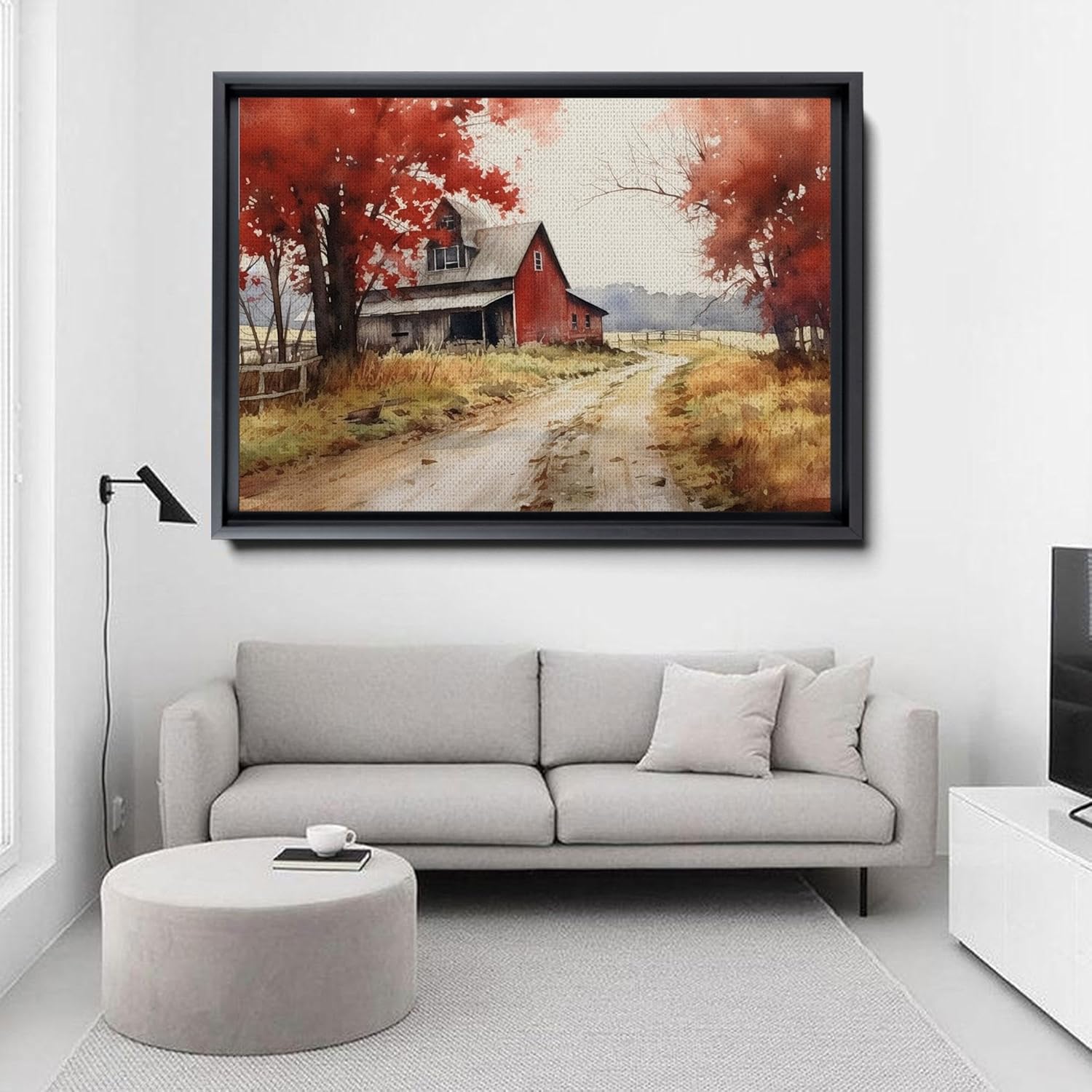 Farmhouse Red Barn Wall Art – Country Landscape with Flowers in Watercolor – Museum Quality Canvas or Art Print