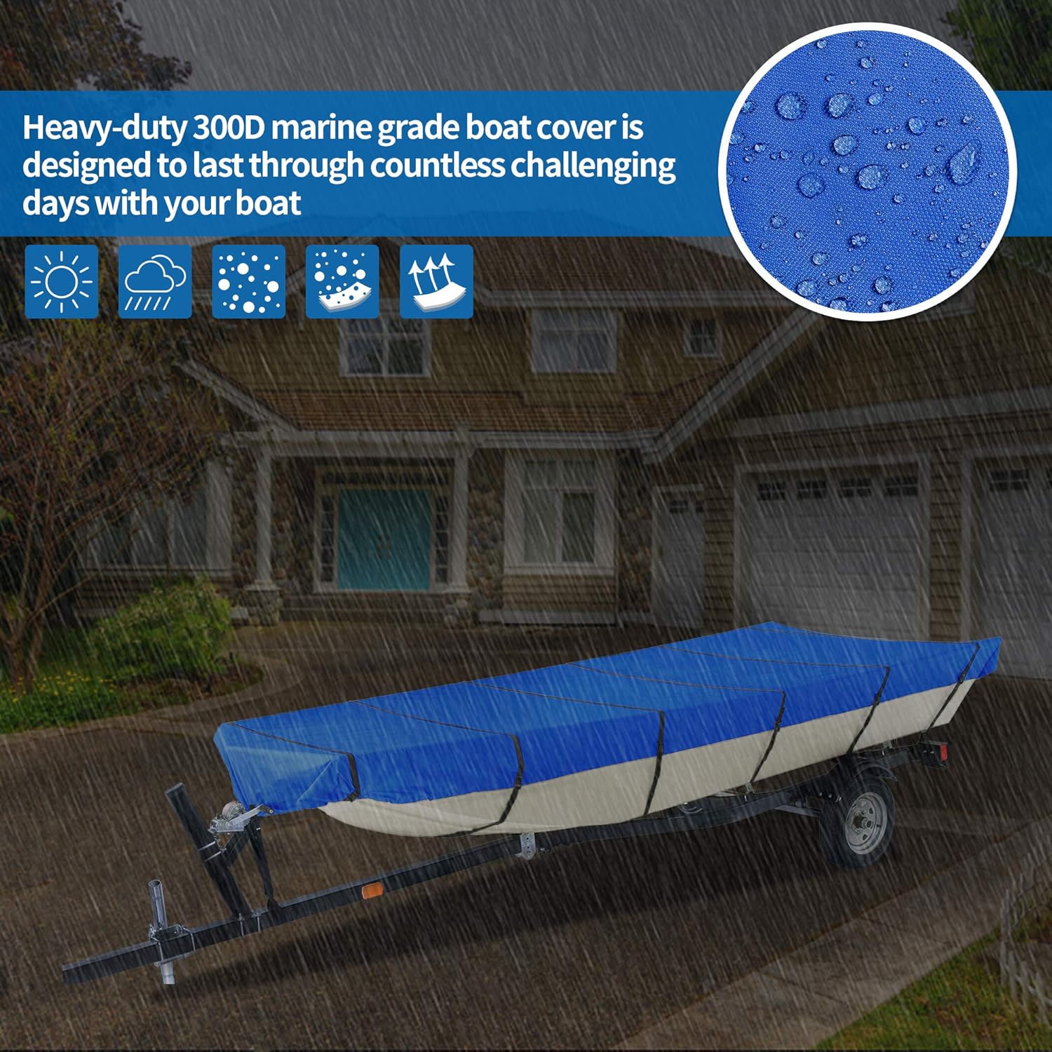 iCOVER JB6202B-1 – Funda de barco Jon resistente al agua, se adapta a barco Jon de 14 pies de largo y ancho de haz de hasta 70 pulgadas, color azul,
