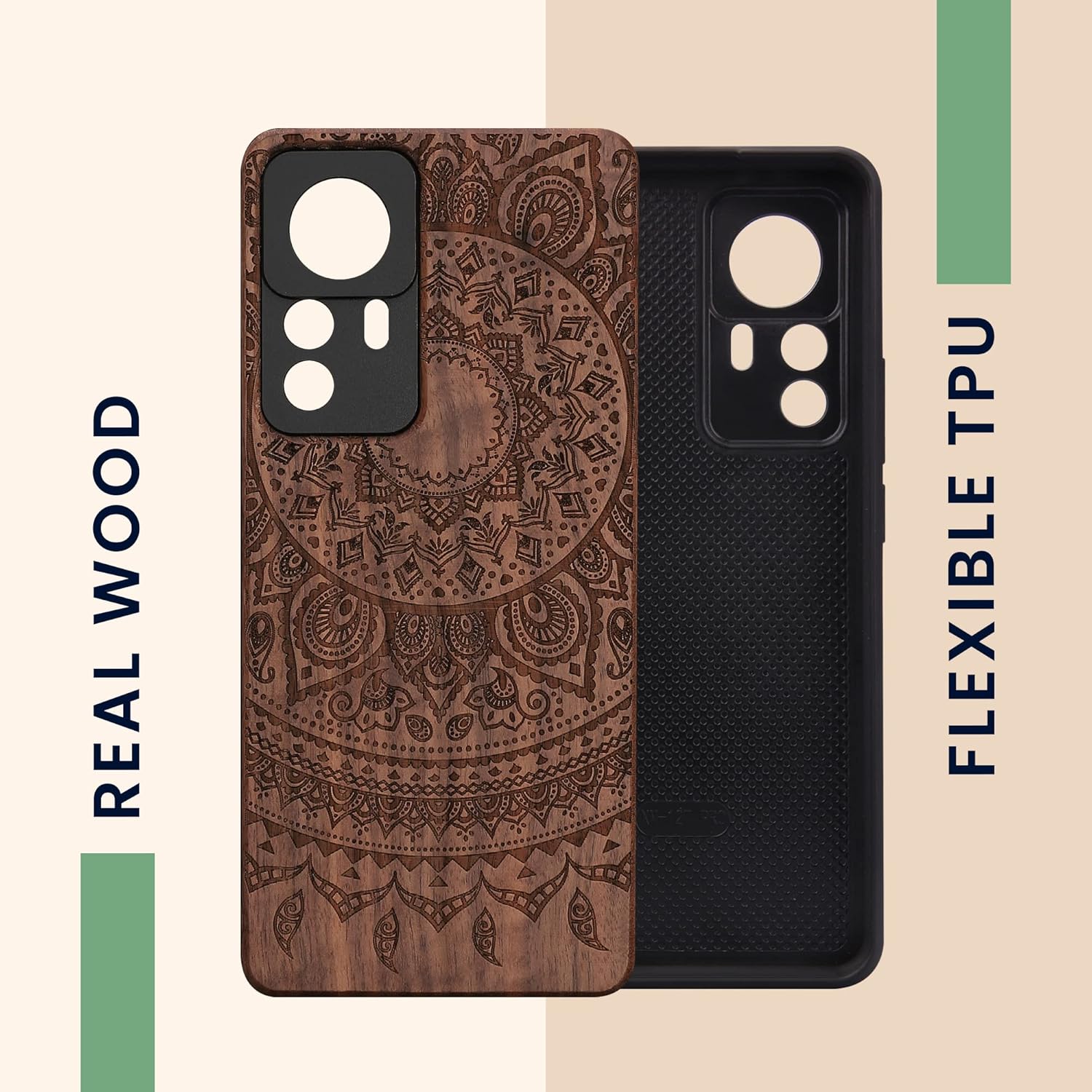 kwmobile Funda de madera compatible con Xiaomi 12T  12T Pro – Funda – Indian Sun marrón oscuro