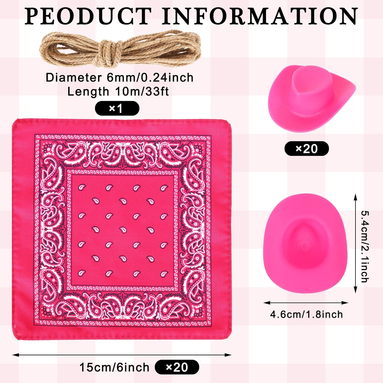Whaline 20 sombreros de vaquero occidentales con mini bandanas, sombrero miniatura rosa, mini vaquera botella de vino rosa, para disfrazarse,