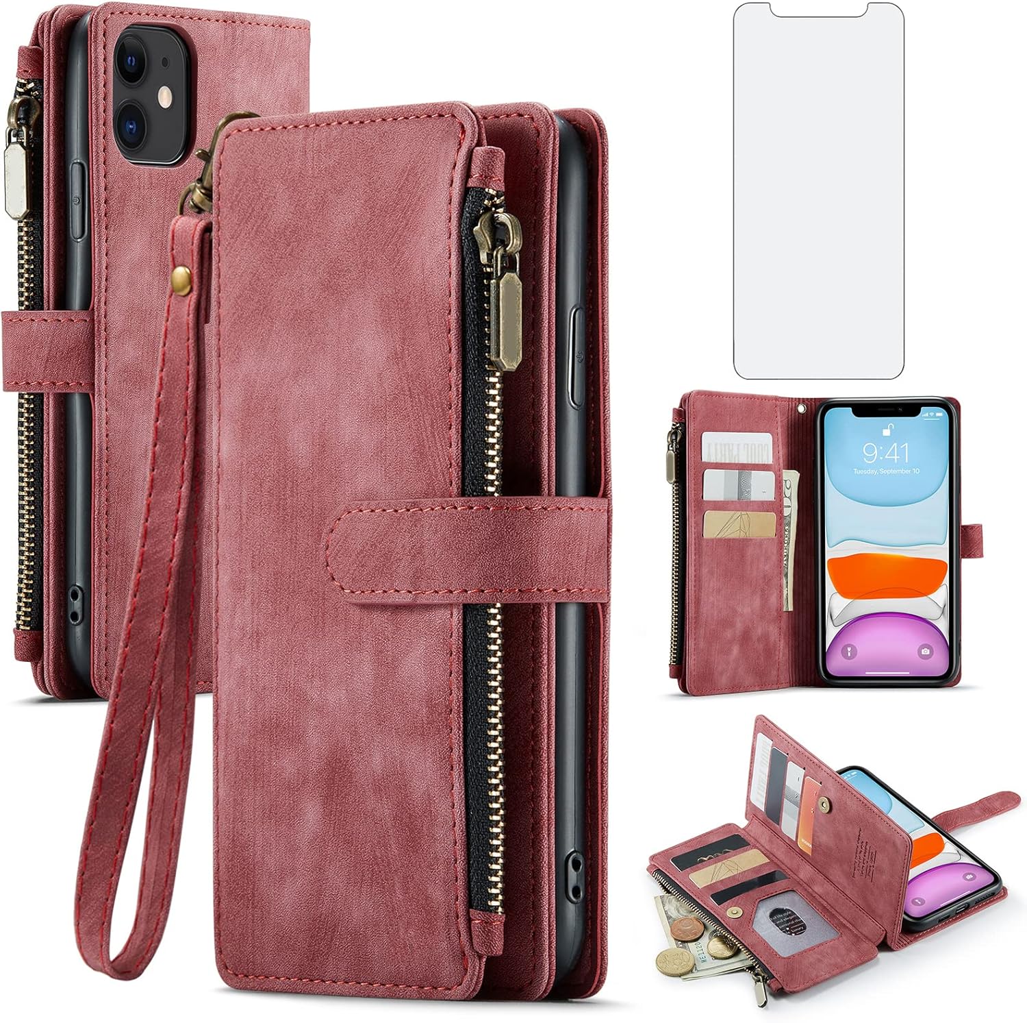 Asuwish Funda de teléfono para iPhone 11 6.1 Funda tipo cartera y protector de pantalla de vidrio templado, soporte para tarjetas de crédito,