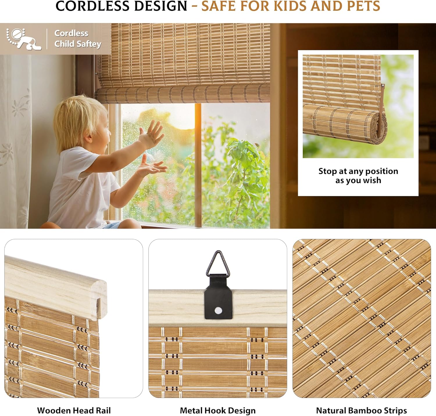 LazBlinds Persianas de bambú sin cordón, persianas enrollables de bambú para ventanas, cortinas colgantes con filtro de luz, persianas de bambú para