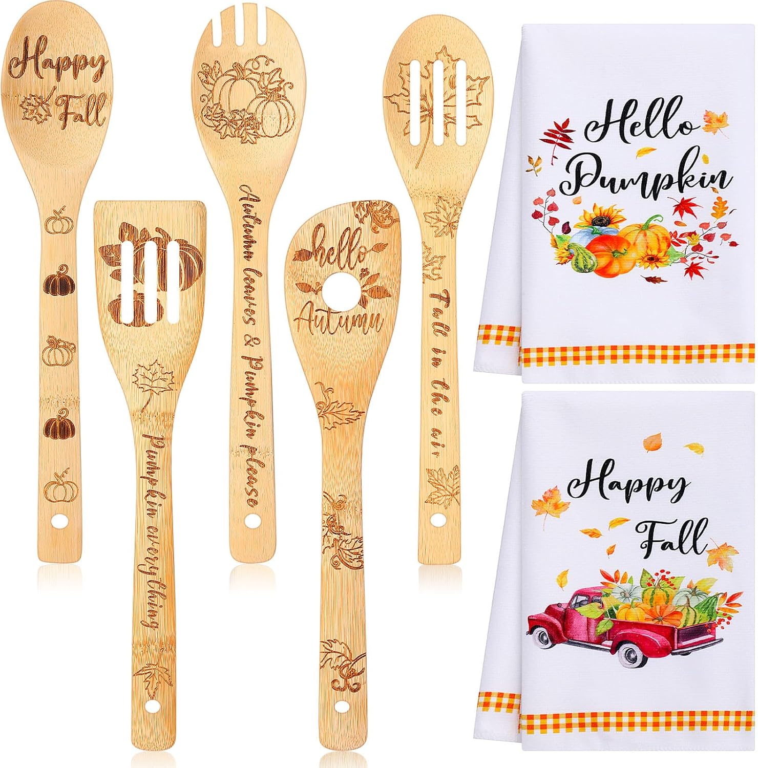 Juego de decoración de cocina de otoño de 7 piezas, incluye 2 toallas de cocina de otoño divertidas y 5 cucharas de madera, utensilios de bambú,