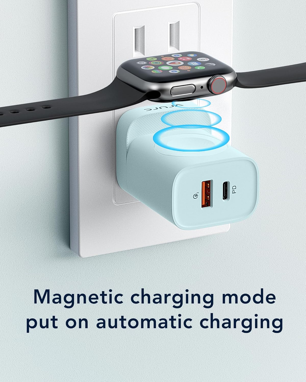 VRURC Cargador para Apple Watch, cargador 3 en 1 PD de 20 W con carga inalámbrica magnética y puertos duales, bloque de carga de pared USB C