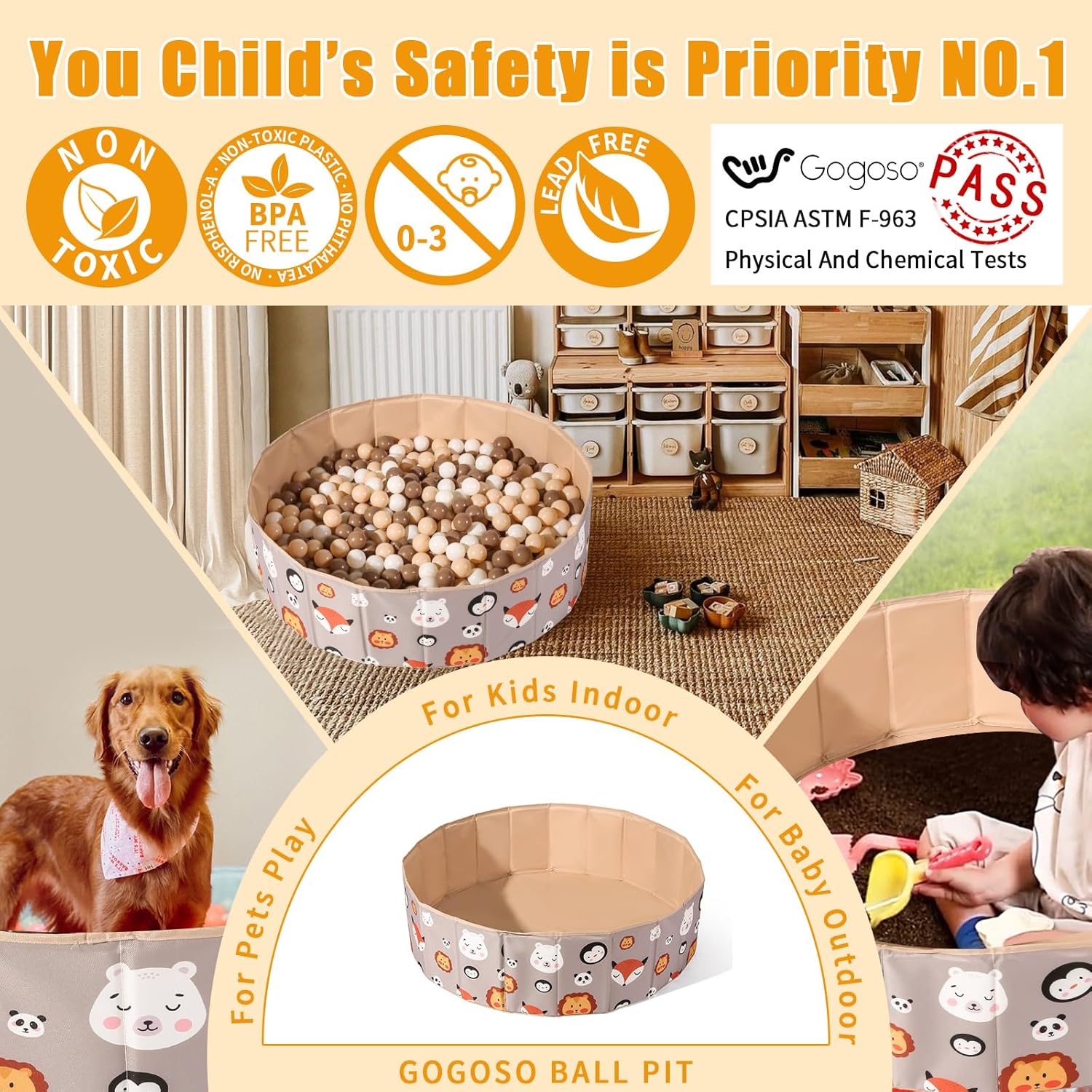 GOGOSO Pozo de pelotas para niños, perros y gatos, piscina para bebés y piscina plegable para niños pequeños, área de juego interior y exterior,
