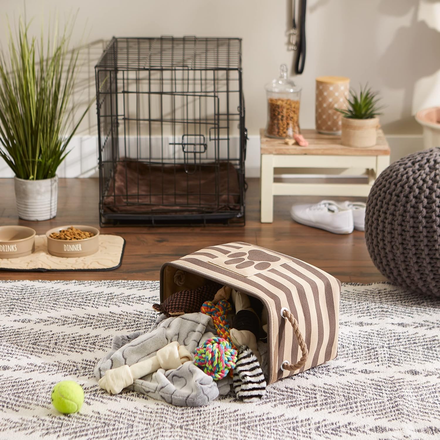 Bone Dry – Colección de almacenamiento para mascotas, canasta a rayas con parche de huella de pata
