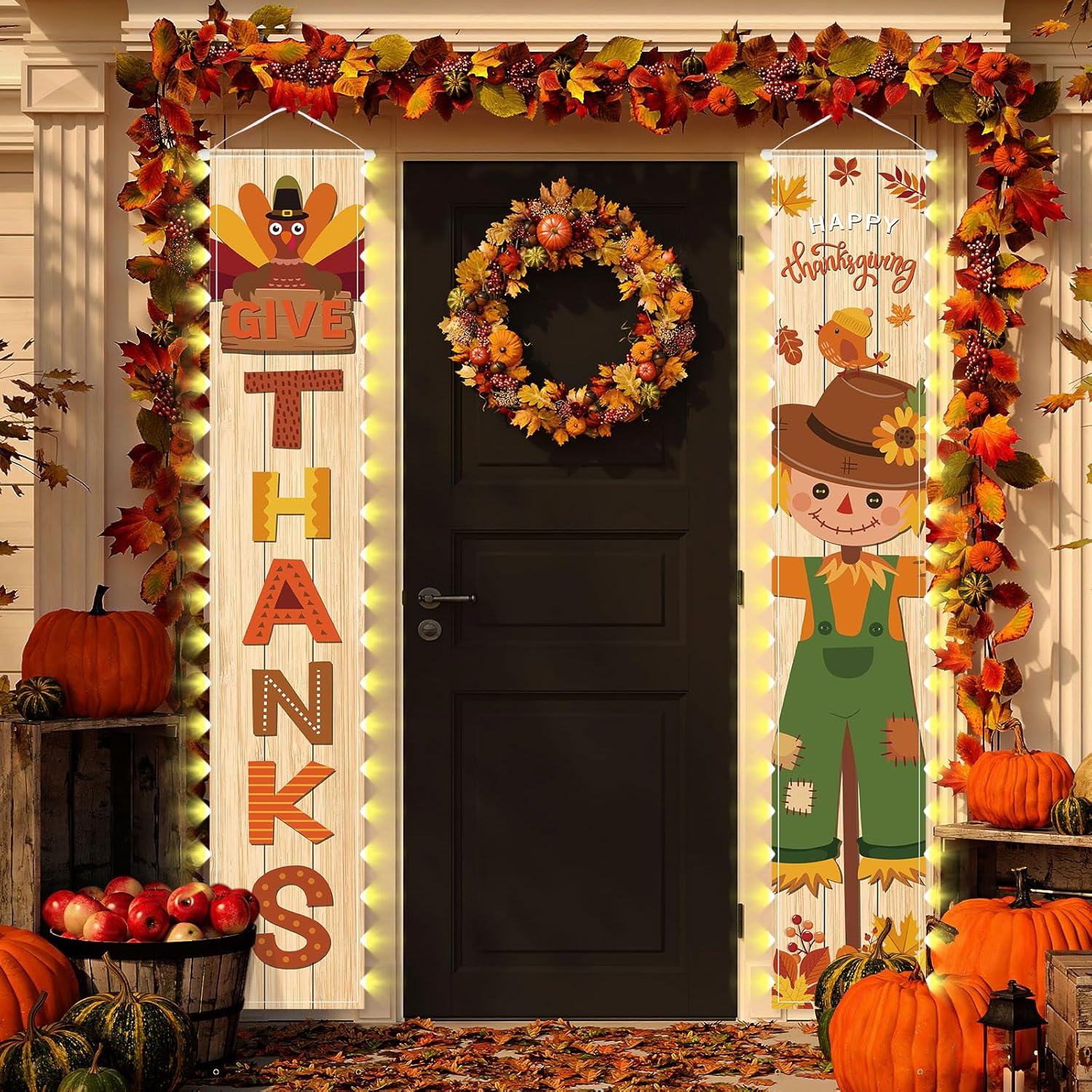 2 pancartas de Acción de Gracias para porche con luces, decoración de puerta de otoño, espantapájaros, pancarta de cadena de luz para el hogar,