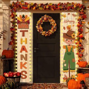 2 pancartas de Acción de Gracias para porche con luces, decoración de puerta de otoño, espantapájaros, pancarta de cadena de luz para el hogar, 2 pancartas de Acción de Gracias para porche con luces, decoración de puerta de otoño, espantapájaros, pancarta de cadena de luz para el hogar,