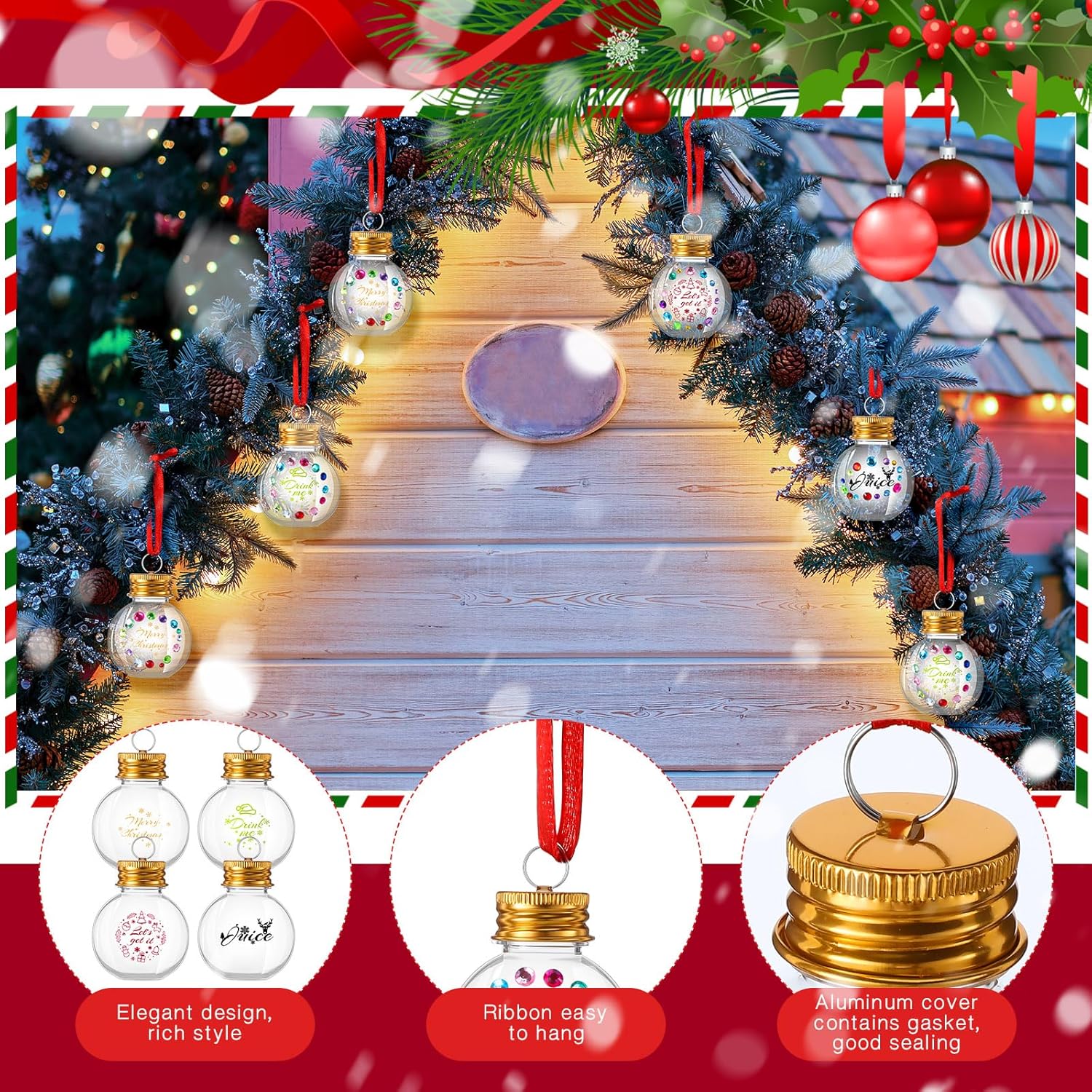 Suttmin 24 bolas de alcohol de Navidad, bolas de plástico transparente para adornos, adorno colgante para árbol con calcomanías de diamantes de